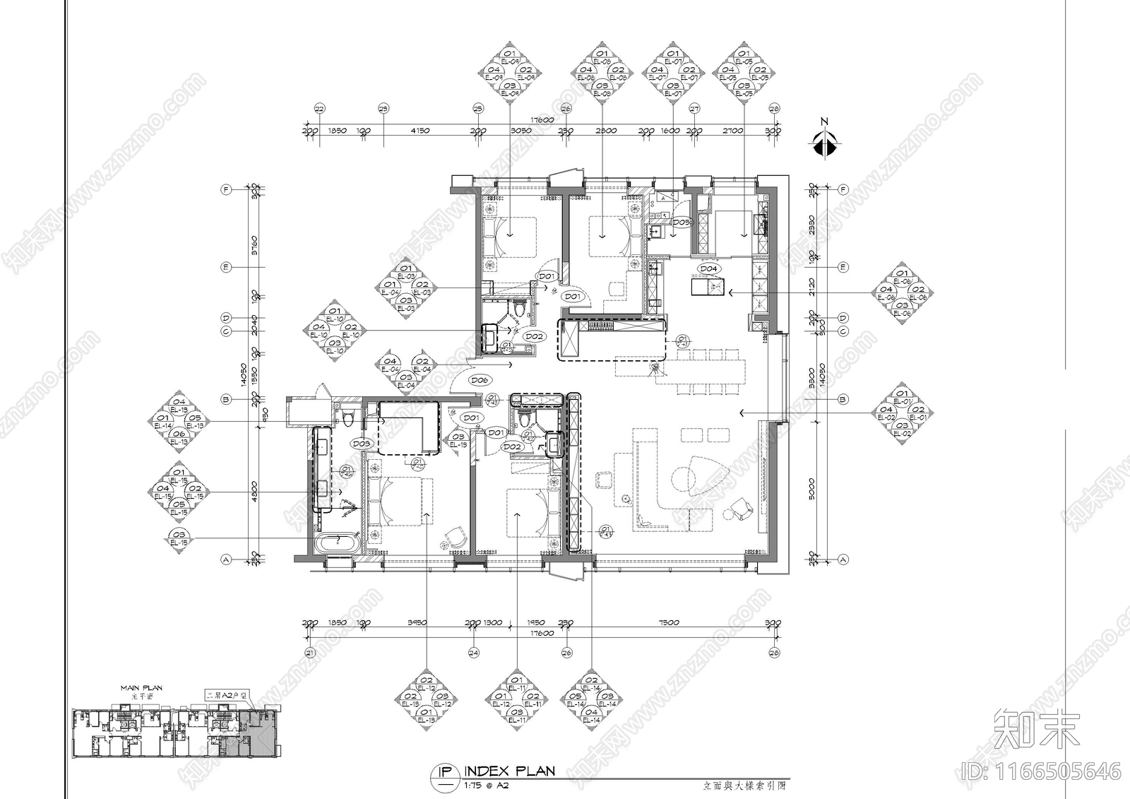 现代整体家装空间cad施工图下载【ID:1166505646】