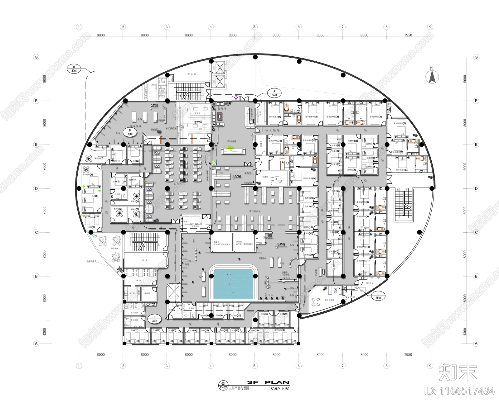 现代中式洗浴中心施工图下载【ID:1166517434】