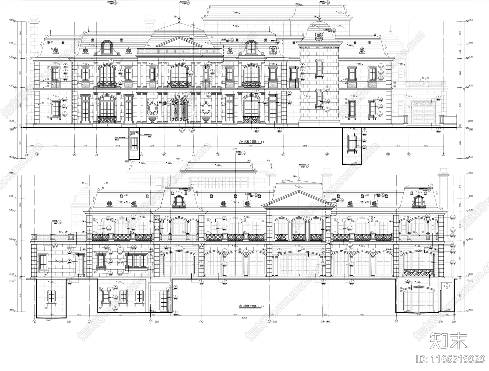 欧式法式别墅建筑cad施工图下载【ID:1166519929】