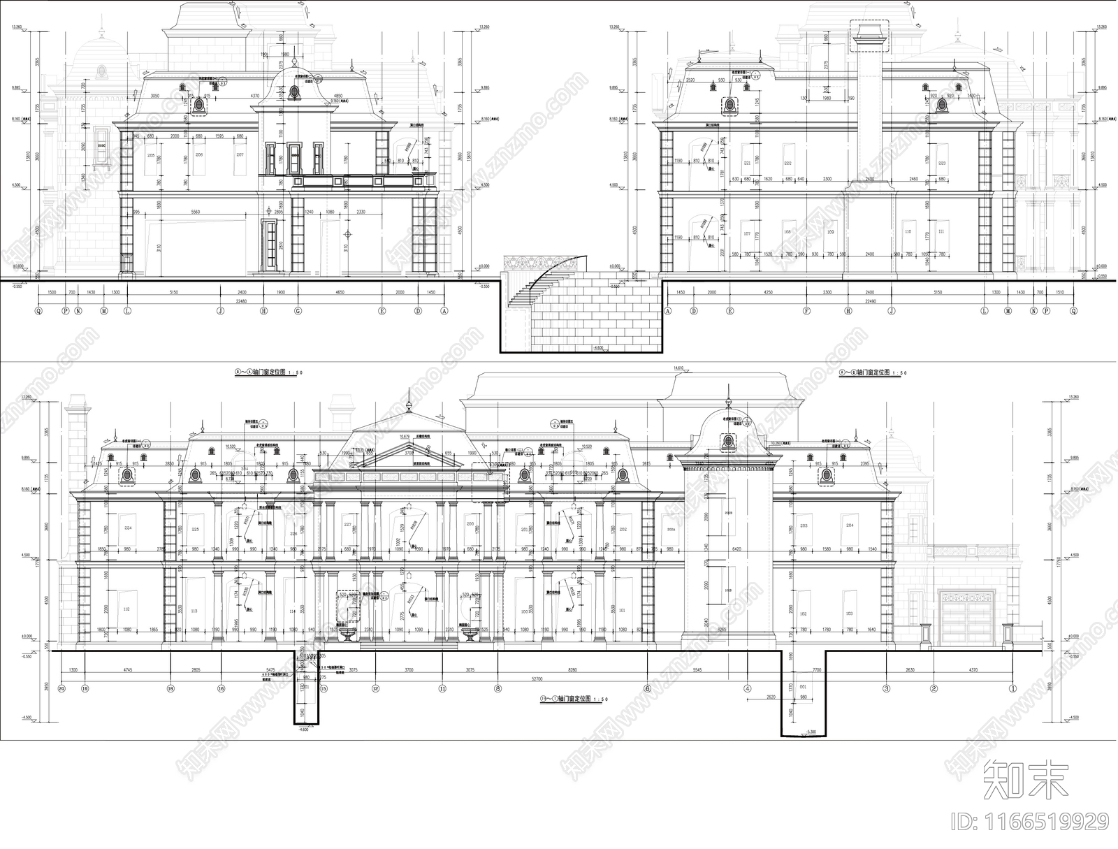 欧式法式别墅建筑cad施工图下载【ID:1166519929】