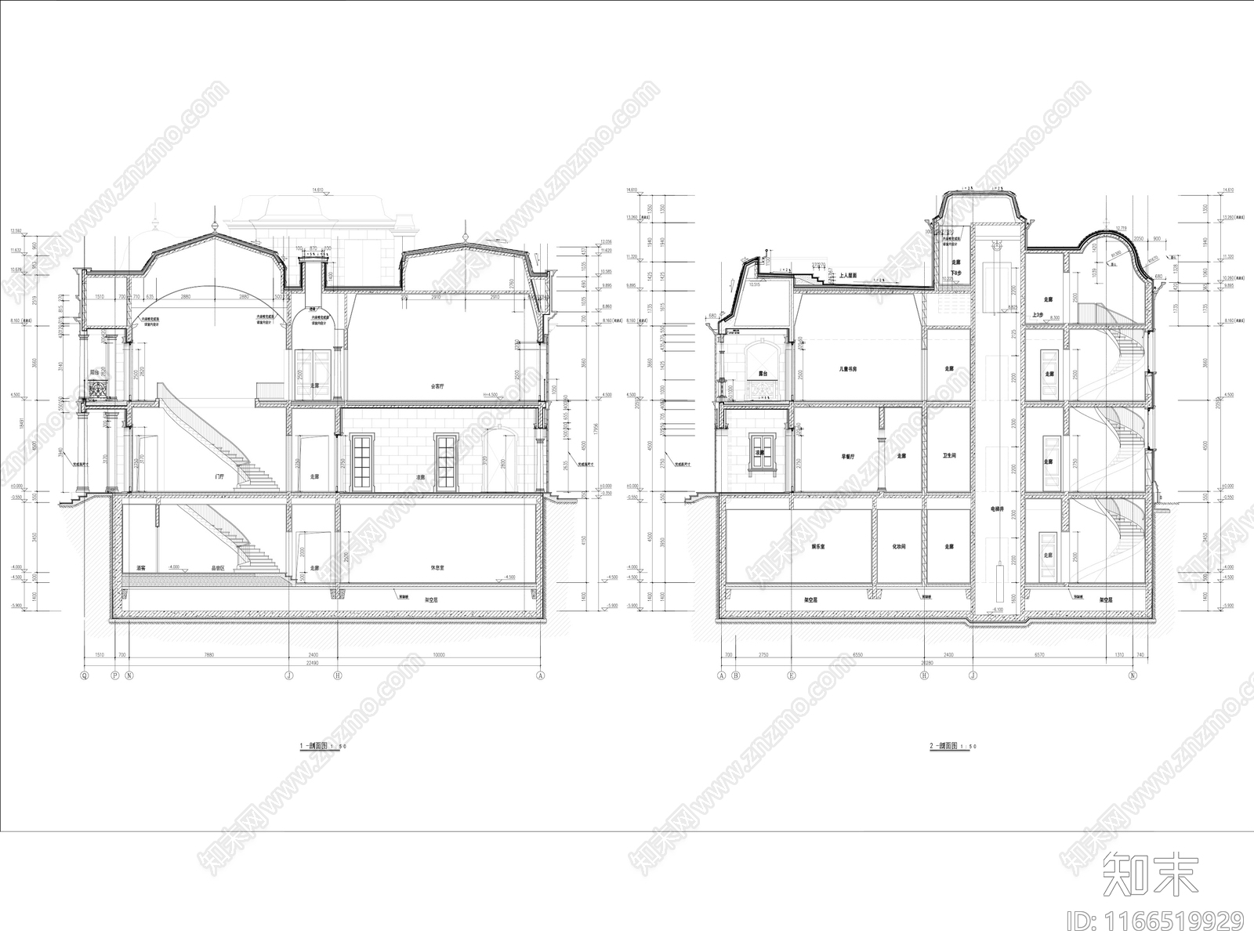 欧式法式别墅建筑cad施工图下载【ID:1166519929】