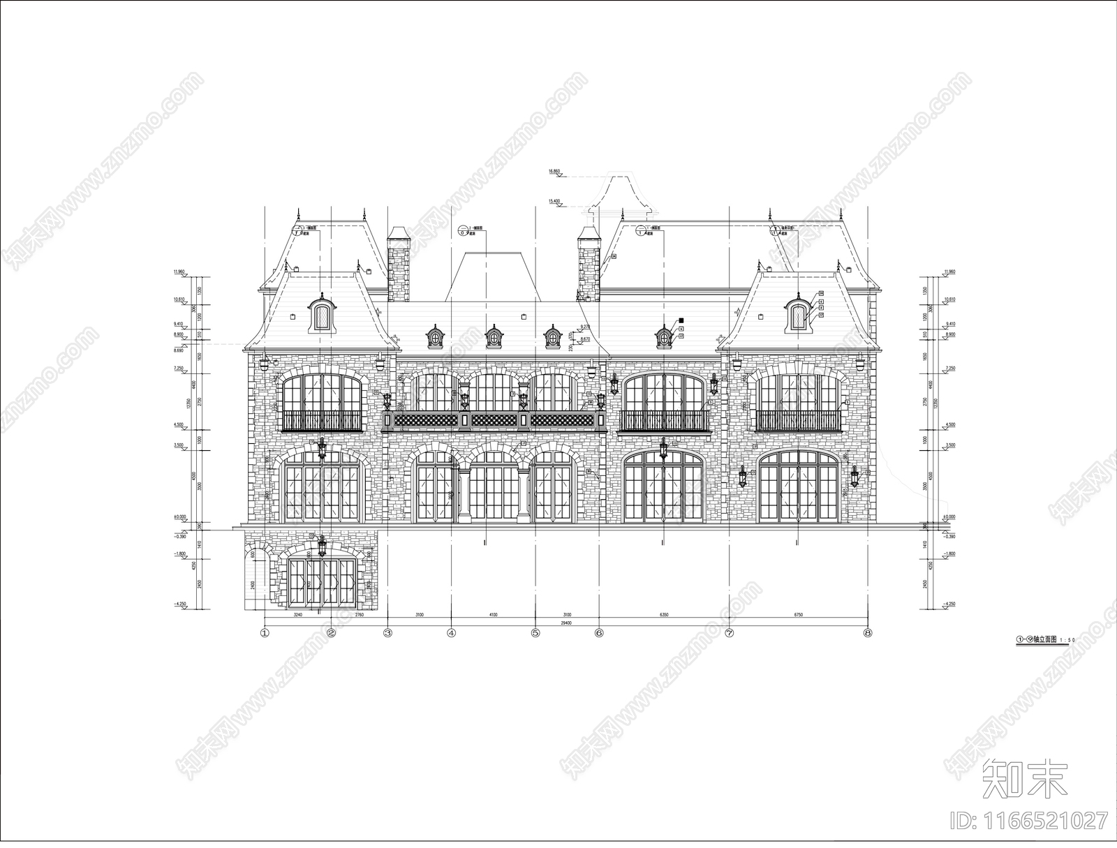 欧式法式别墅建筑cad施工图下载【ID:1166521027】