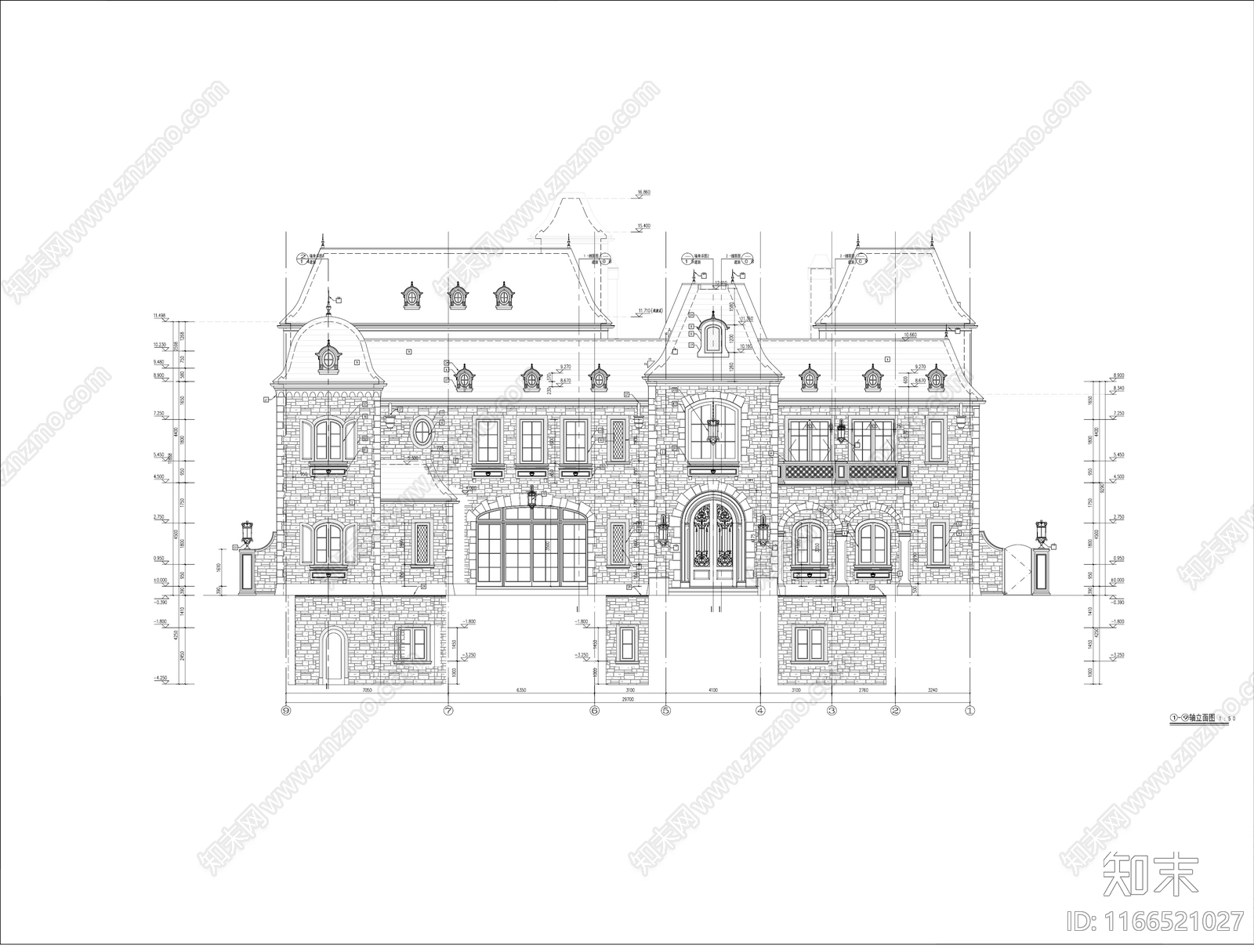 欧式法式别墅建筑cad施工图下载【ID:1166521027】