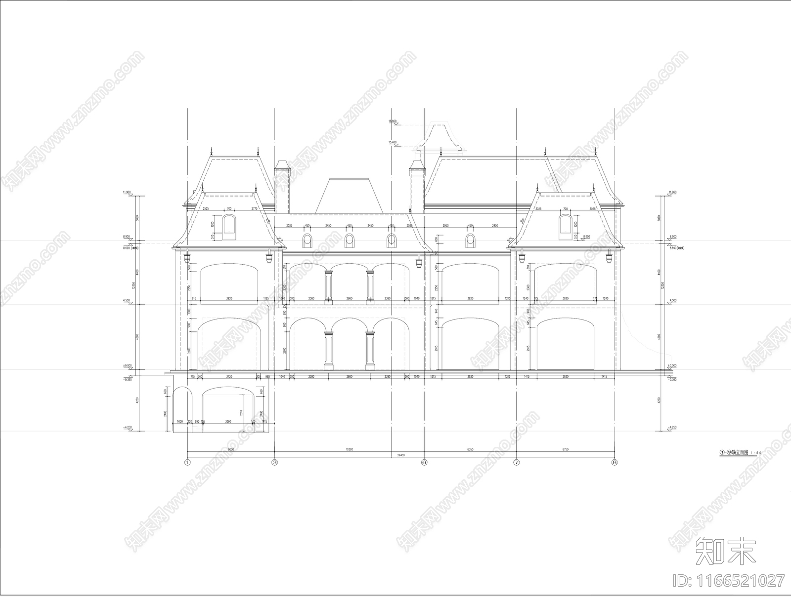 欧式法式别墅建筑cad施工图下载【ID:1166521027】