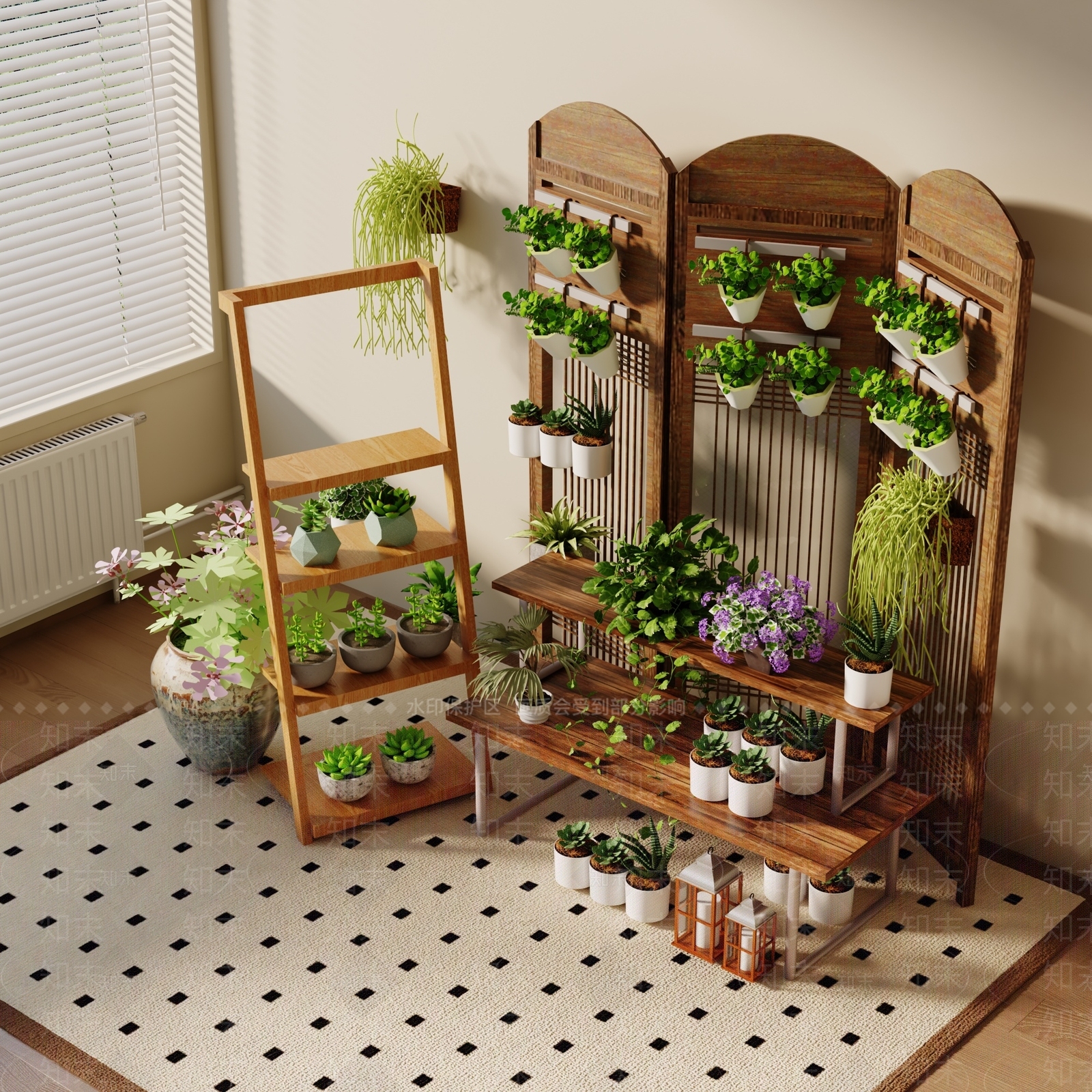 原木奶油花架3D模型下载【ID:1166559637】