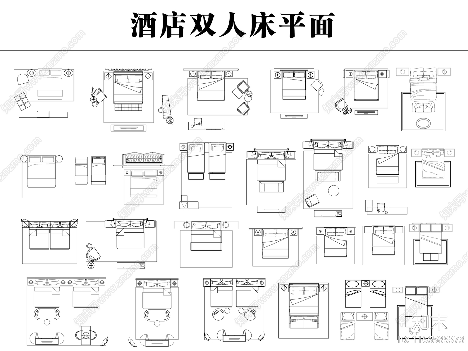 现代新中式床cad施工图下载【ID:1166585373】