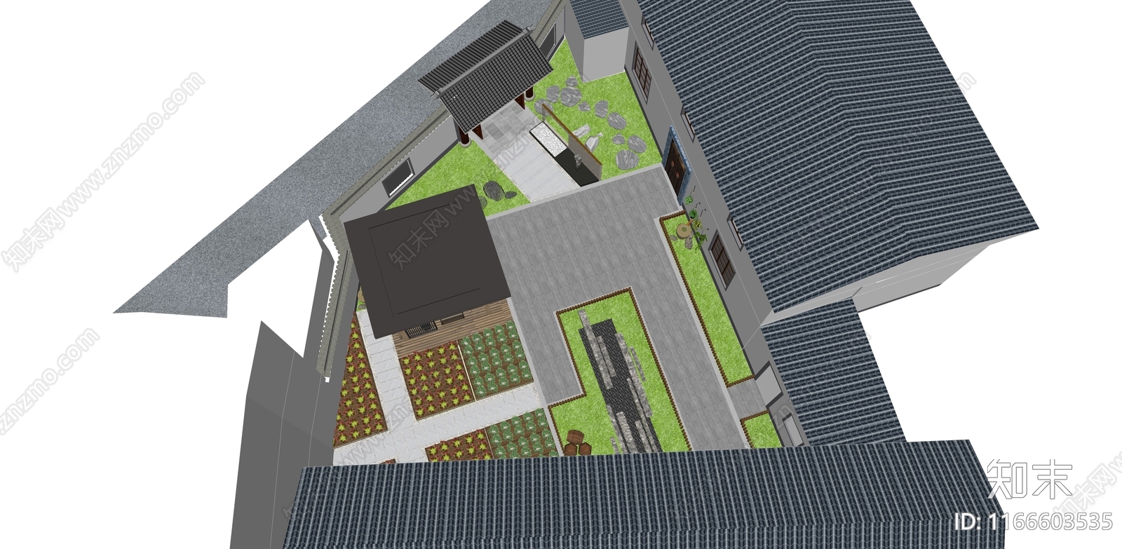 新中式现代乡村庭院SU模型下载【ID:1166603535】