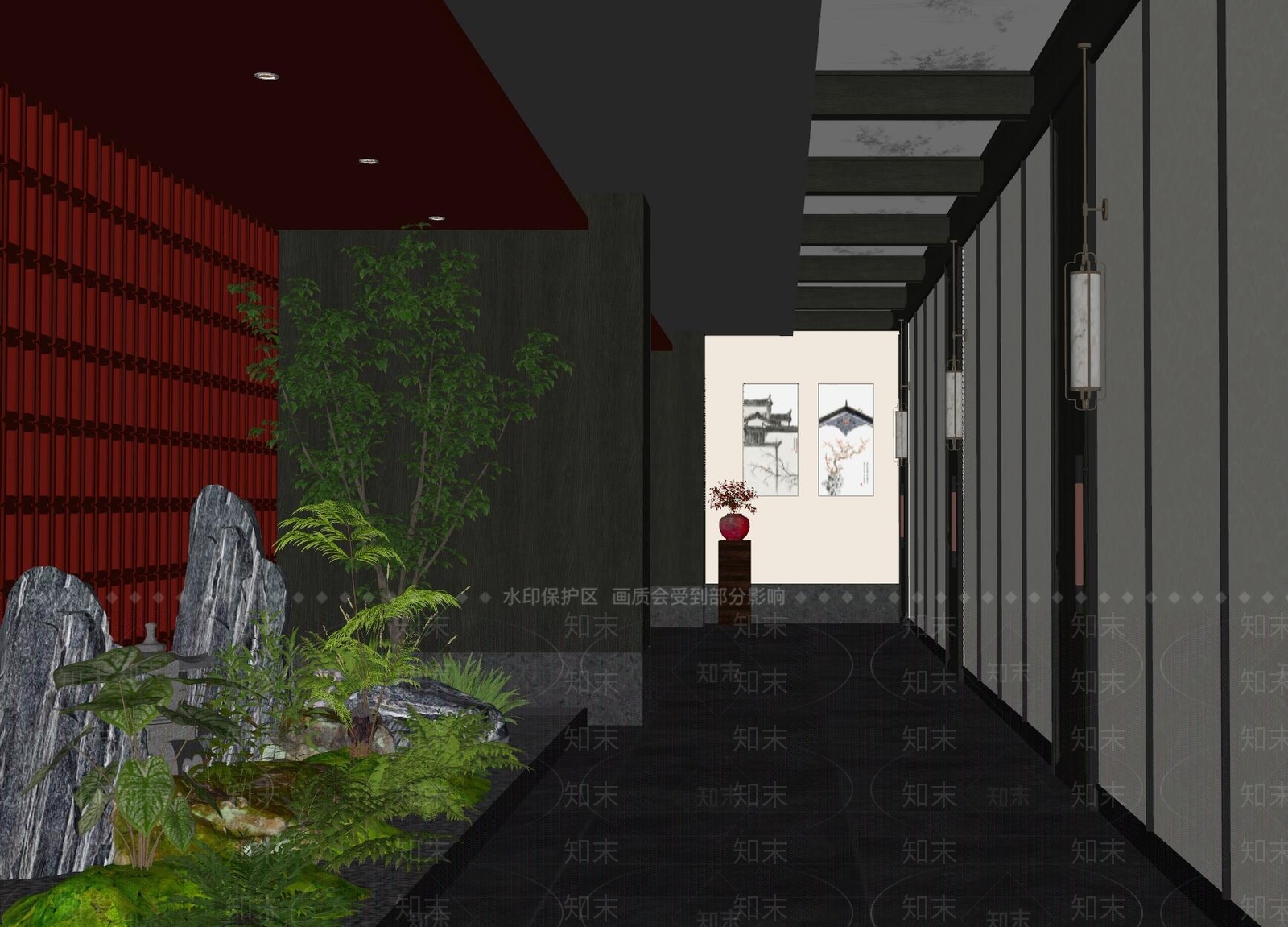新中式酒店走廊SU模型下载【ID:1166615900】