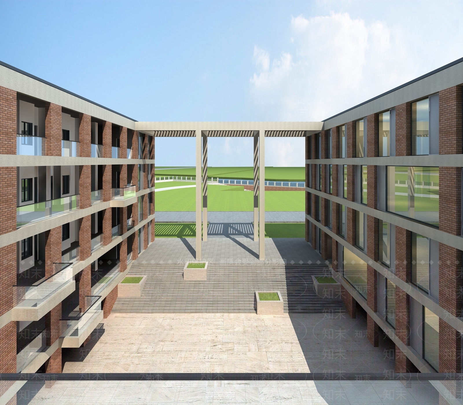 现代新中式学校外观3D模型下载【ID:1166630385】