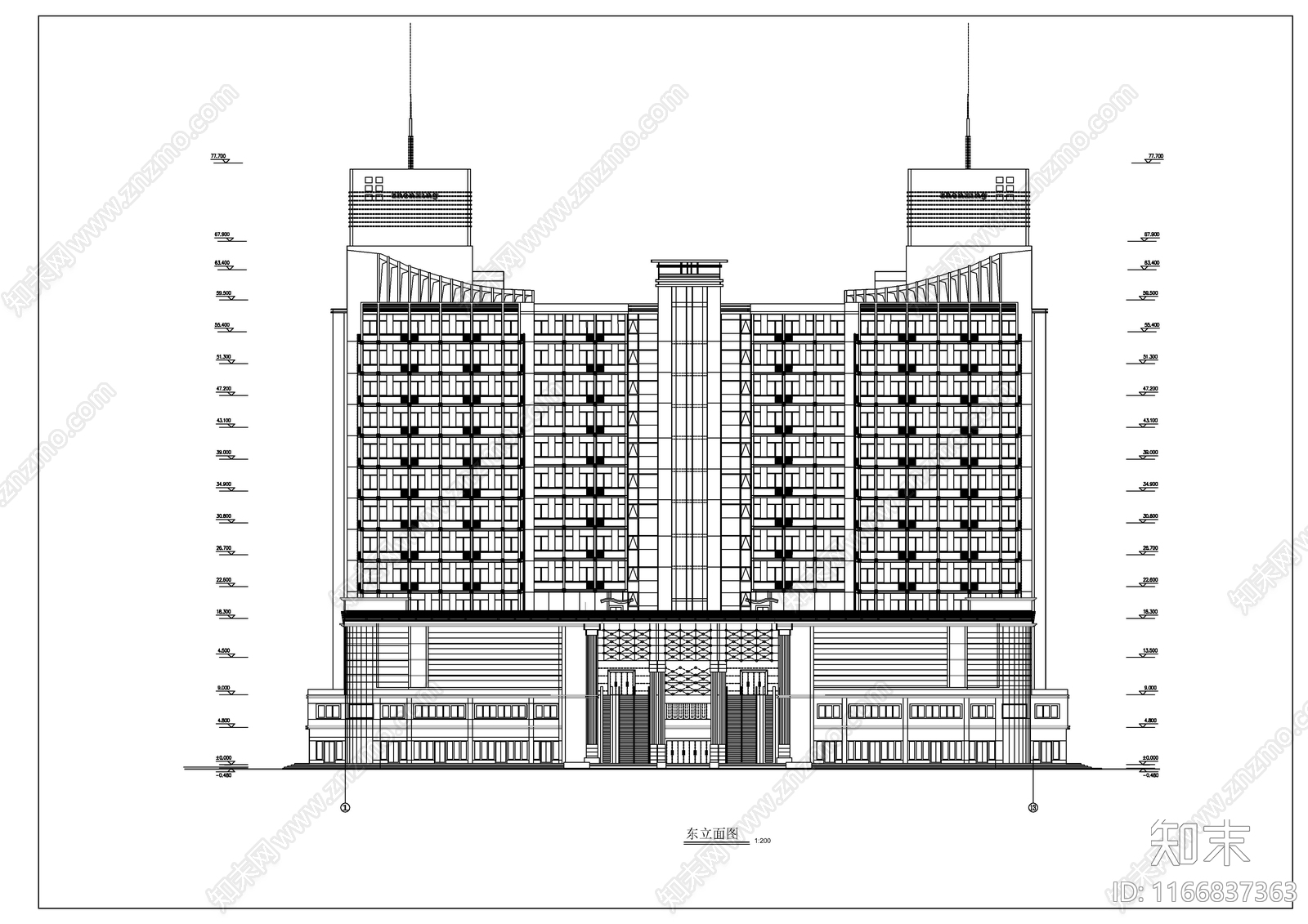 现代酒店建筑cad施工图下载【ID:1166837363】