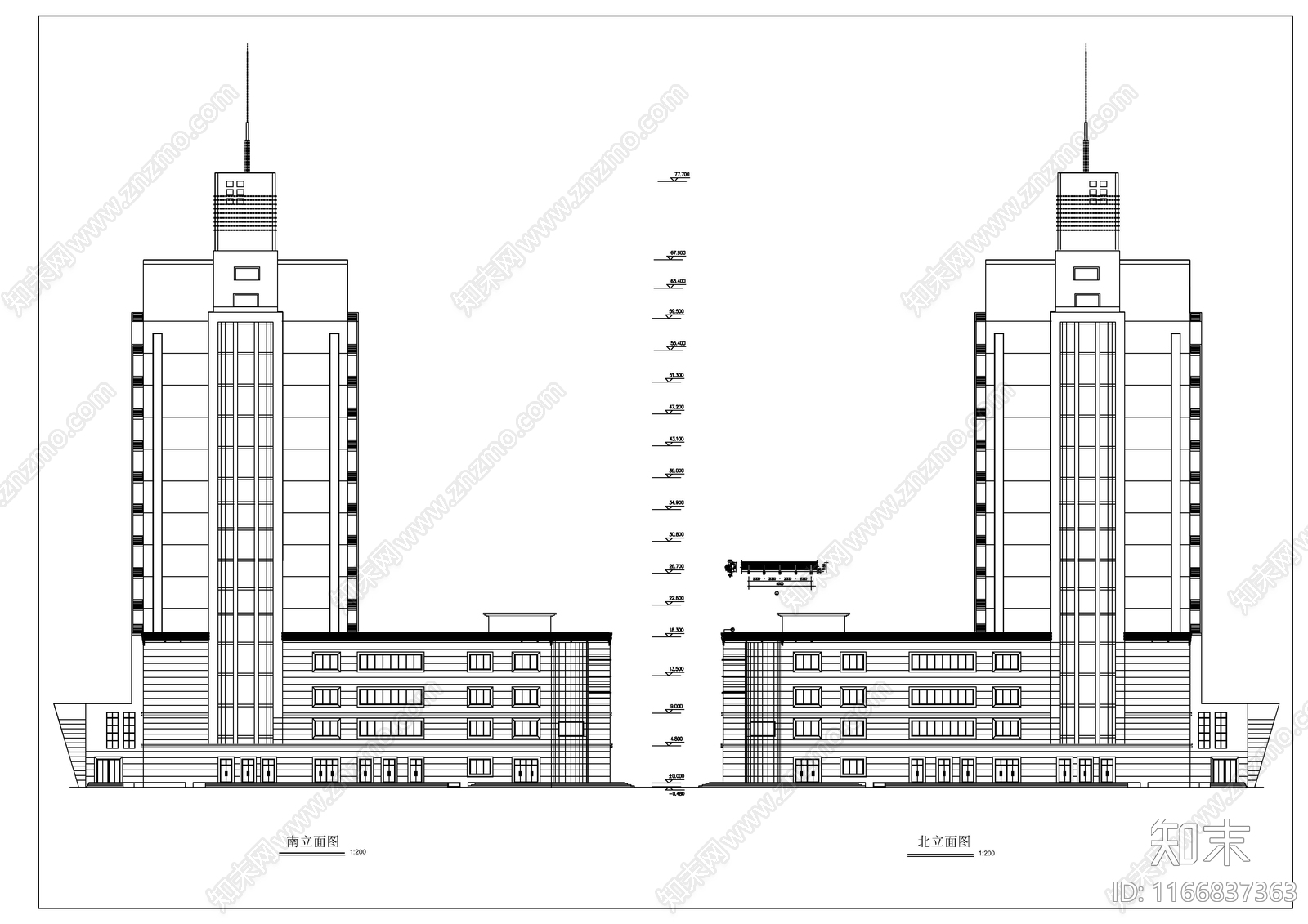 现代酒店建筑cad施工图下载【ID:1166837363】