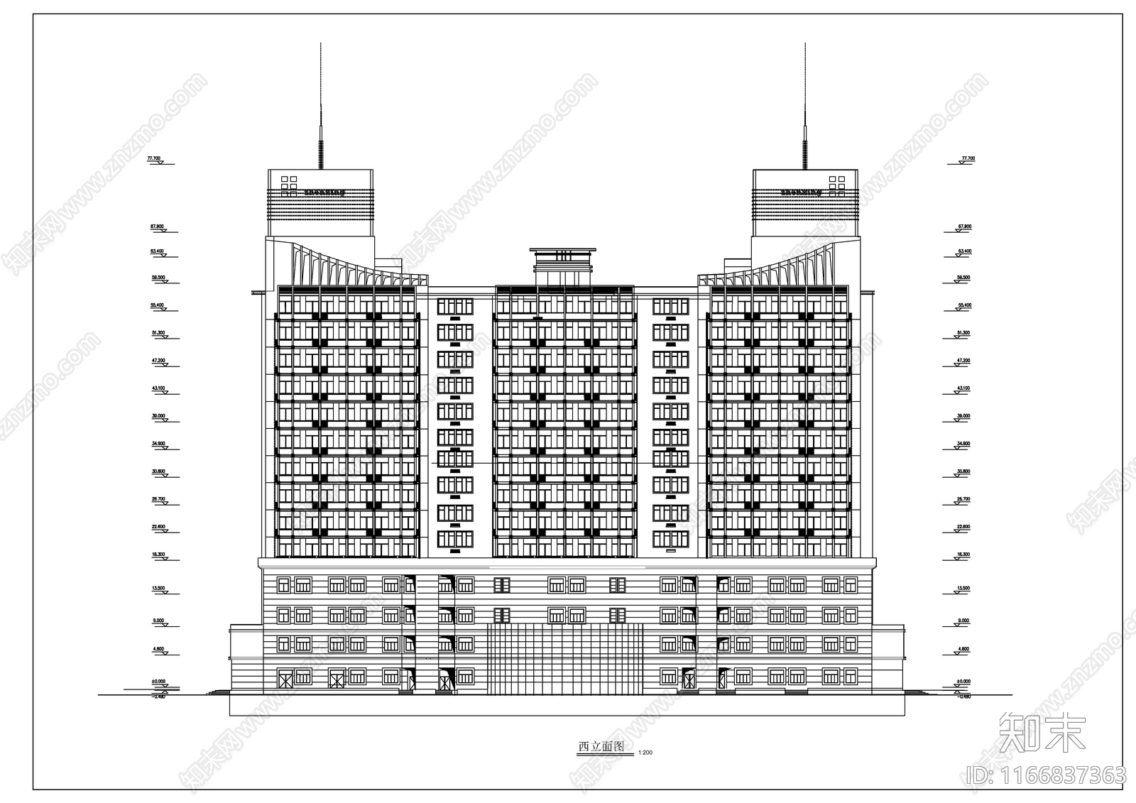 现代酒店建筑cad施工图下载【ID:1166837363】