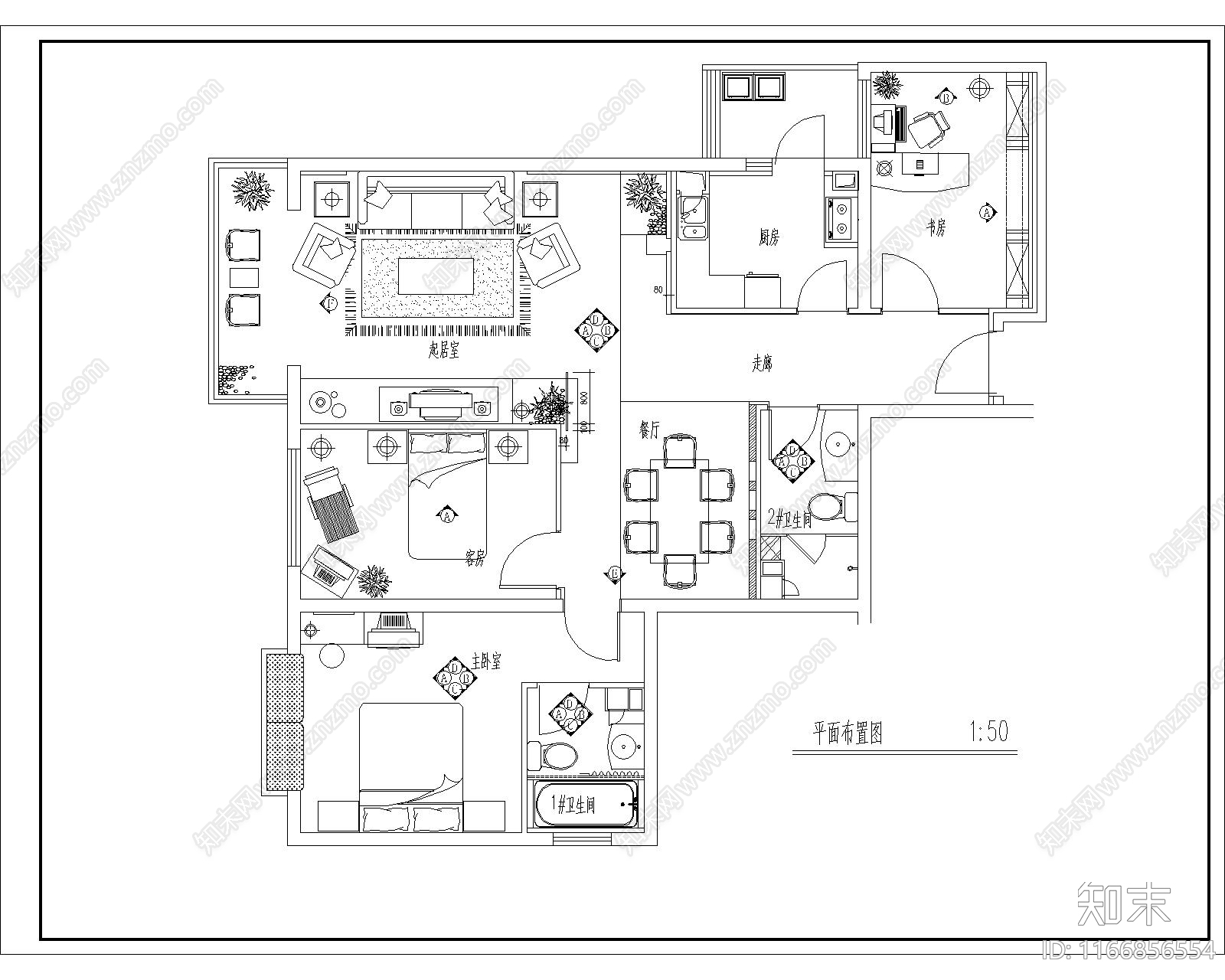 中式整体家装空间cad施工图下载【ID:1166856554】