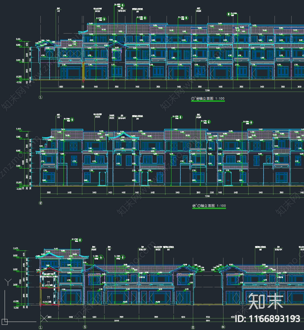 中式新中式别墅建筑cad施工图下载【ID:1166893193】