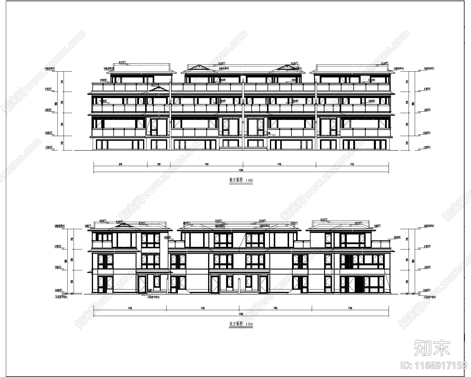 新中式中式别墅建筑cad施工图下载【ID:1166917159】