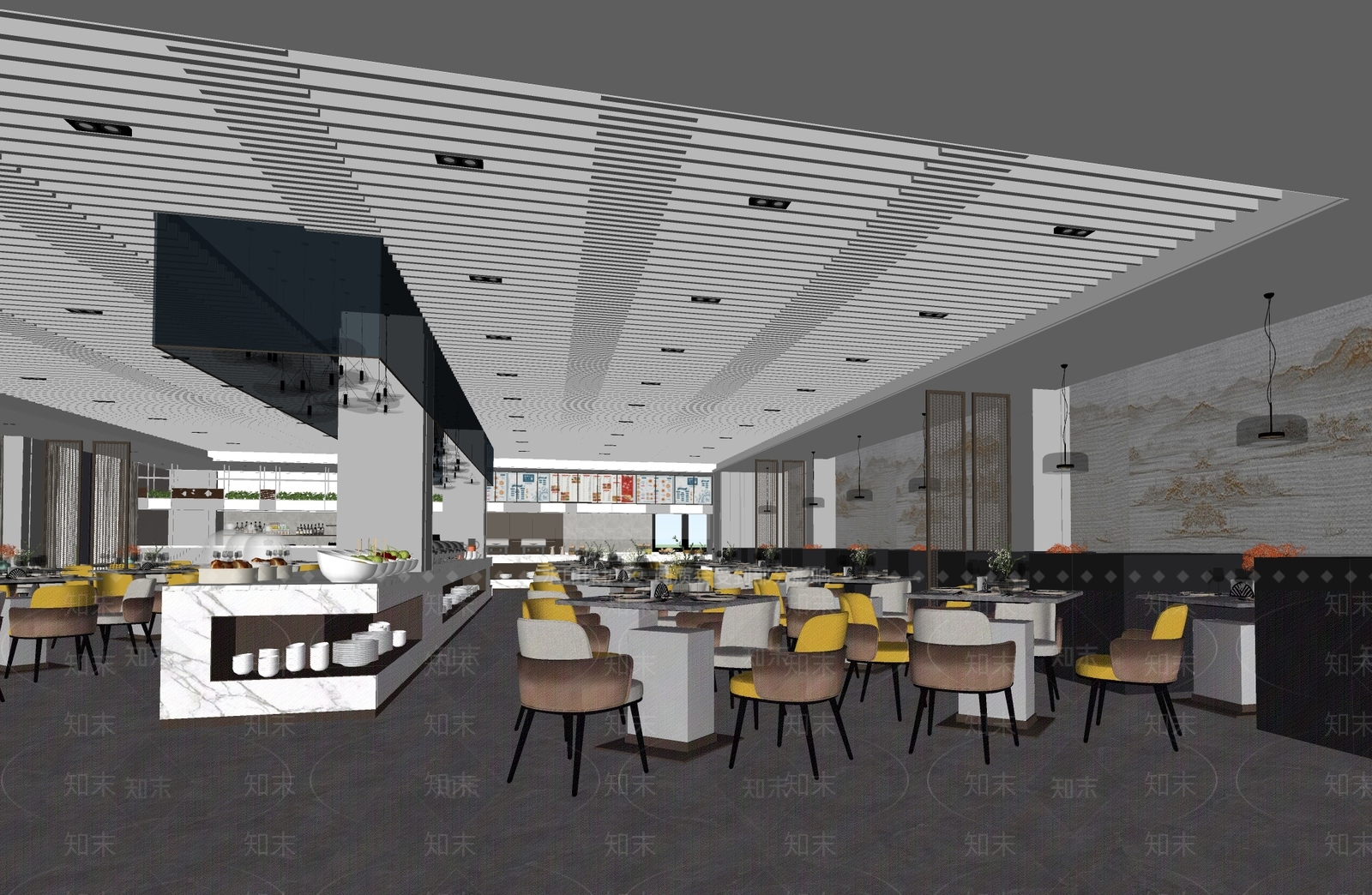 新中式现代自助餐厅SU模型下载【ID:1166959827】