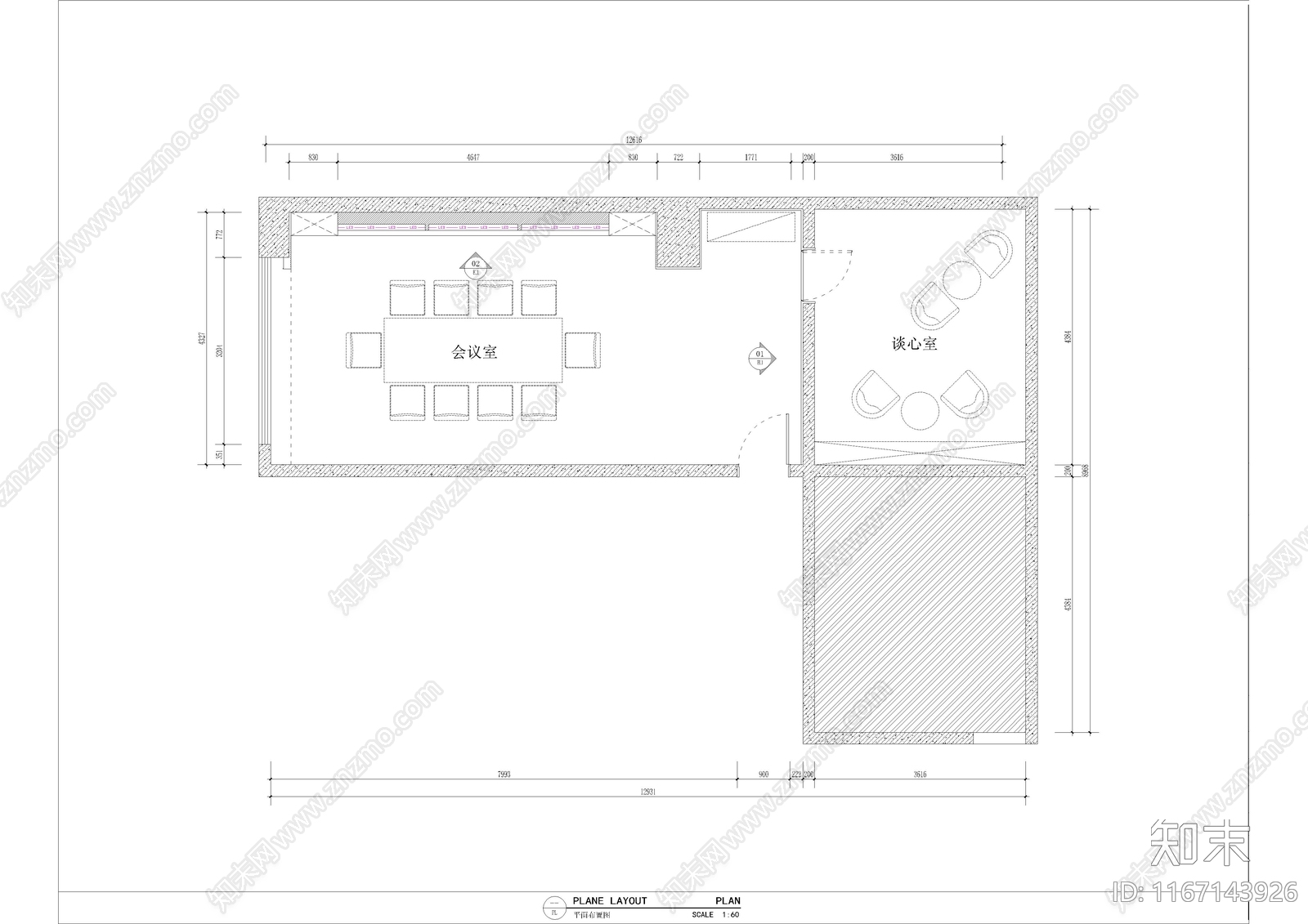 现代办公室cad施工图下载【ID:1167143926】