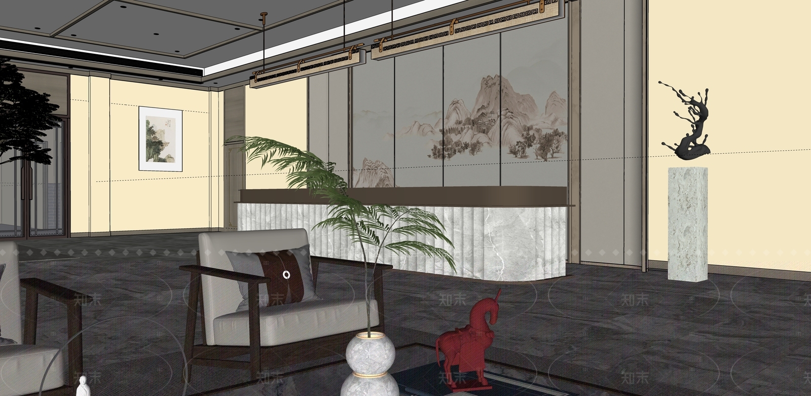 新中式办事大厅SU模型下载【ID:1216028875】
