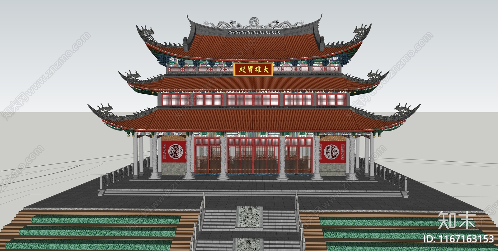 中式禅意寺庙建筑SU模型下载【ID:1167163153】