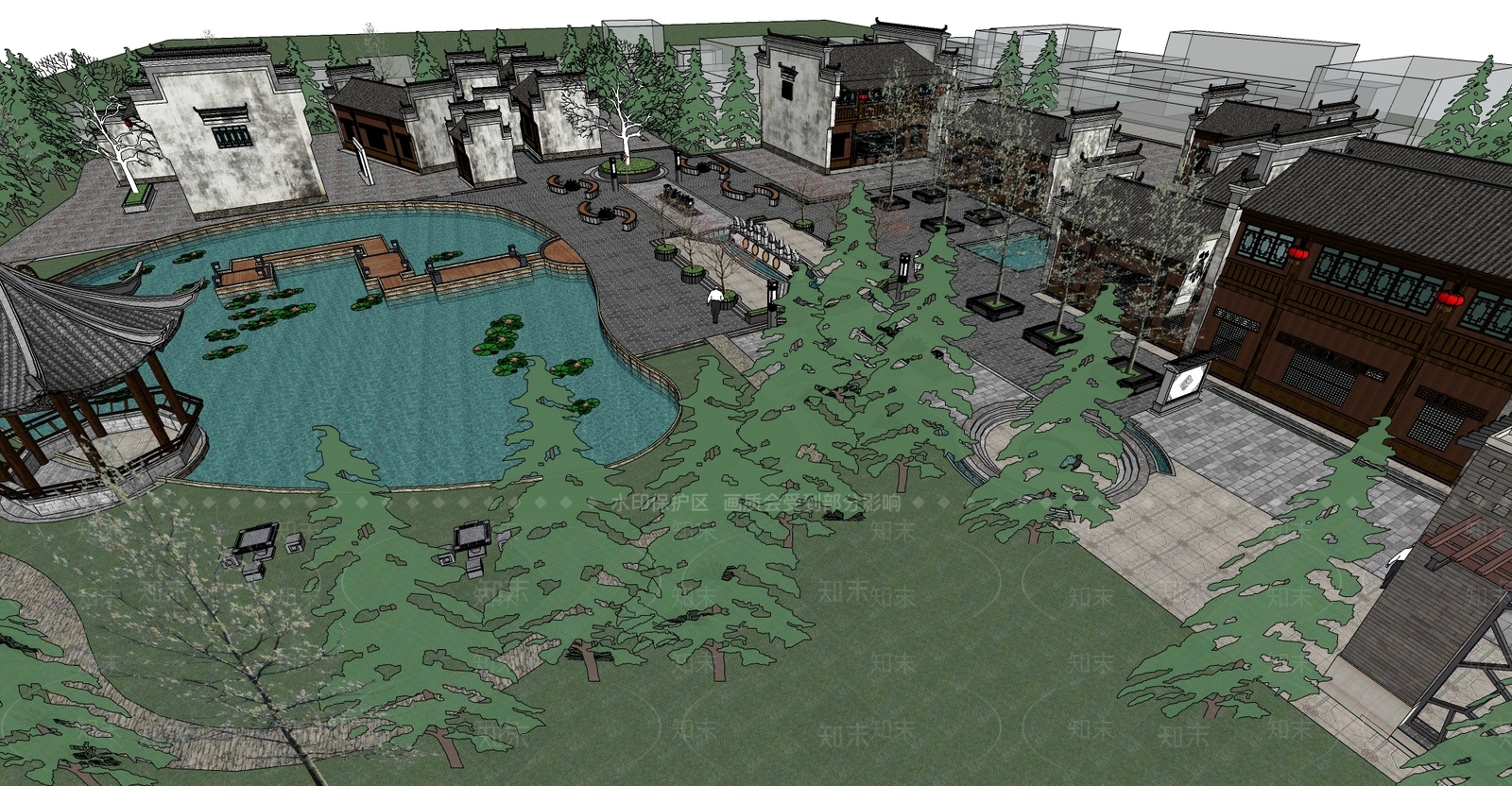 新中式中式商场建筑SU模型下载【ID:1167177938】