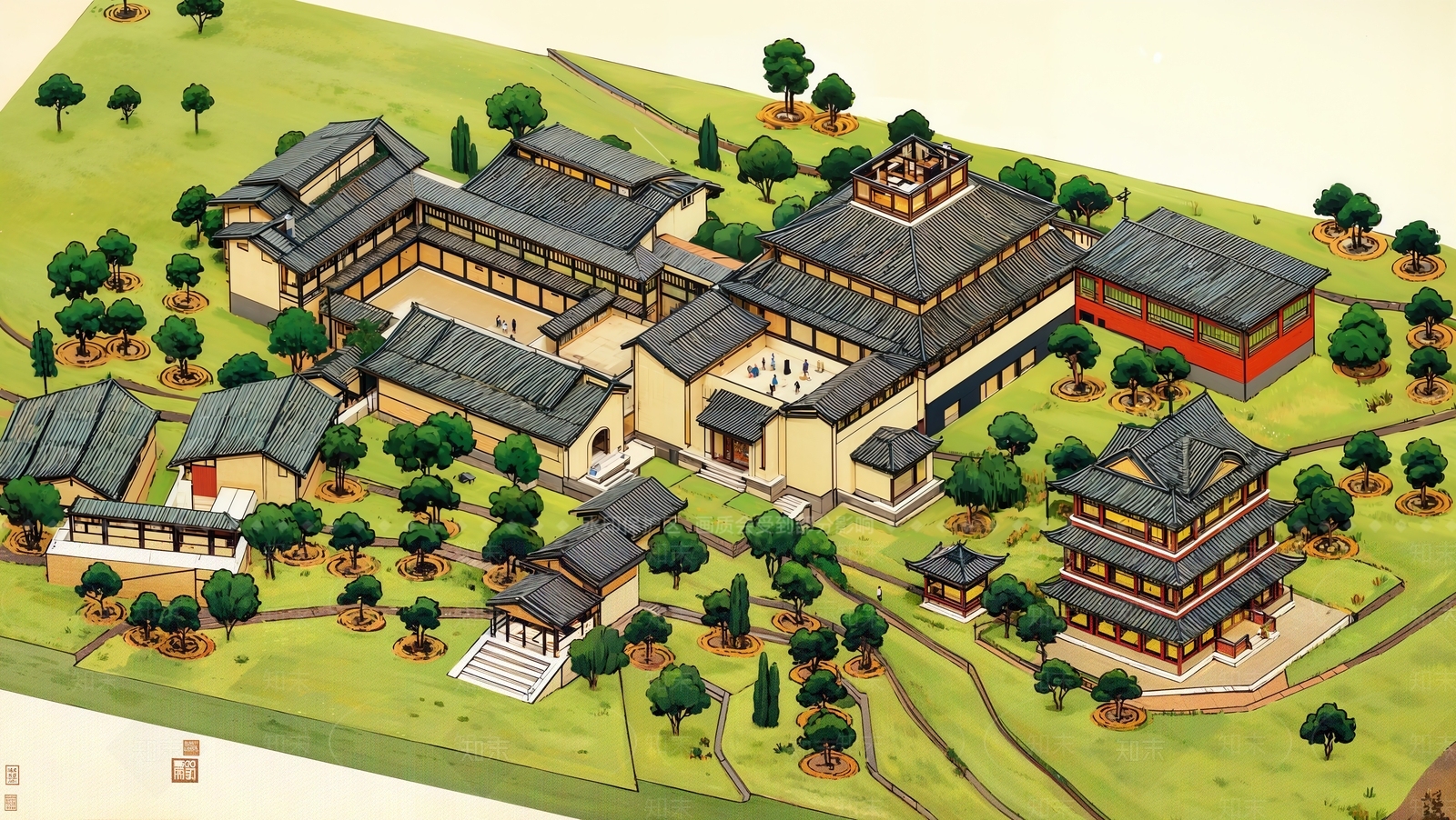 新中式中式展览馆建筑SU模型下载【ID:1167230802】