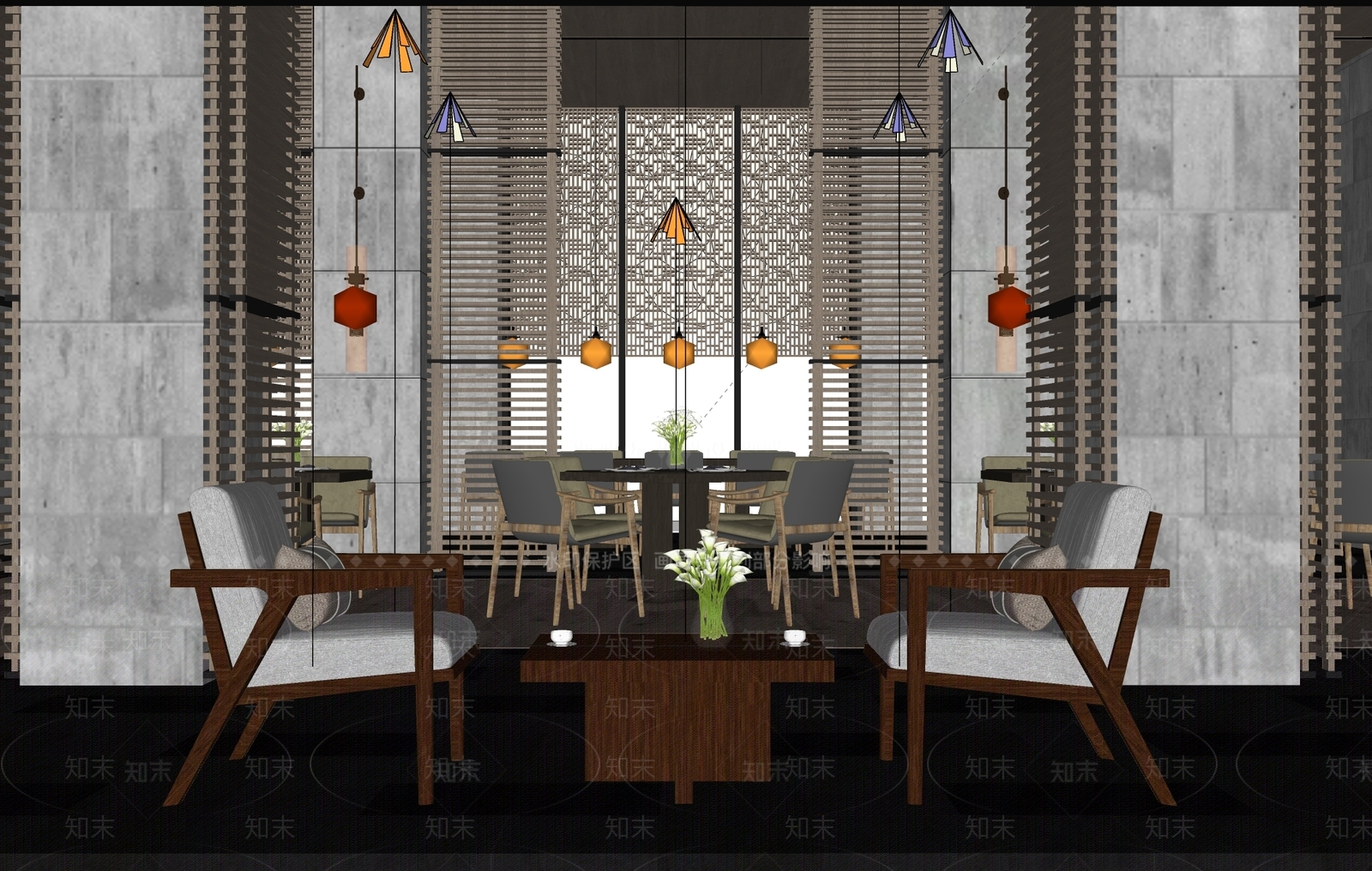 新中式现代西餐厅SU模型下载【ID:1167239444】