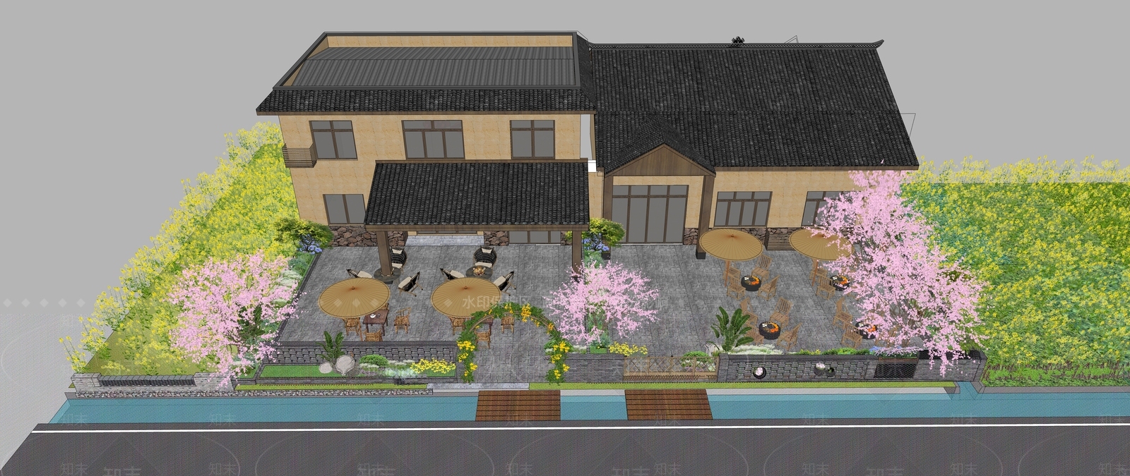 新中式现代乡村庭院SU模型下载【ID:1167295145】