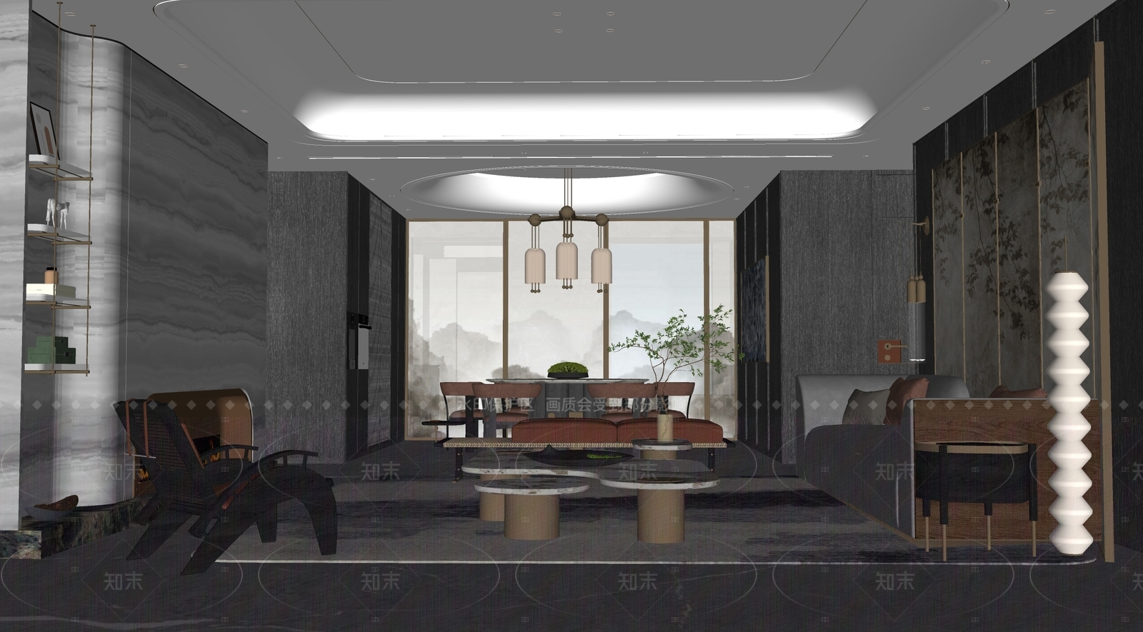 现代新中式别墅客厅SU模型下载【ID:1167302595】