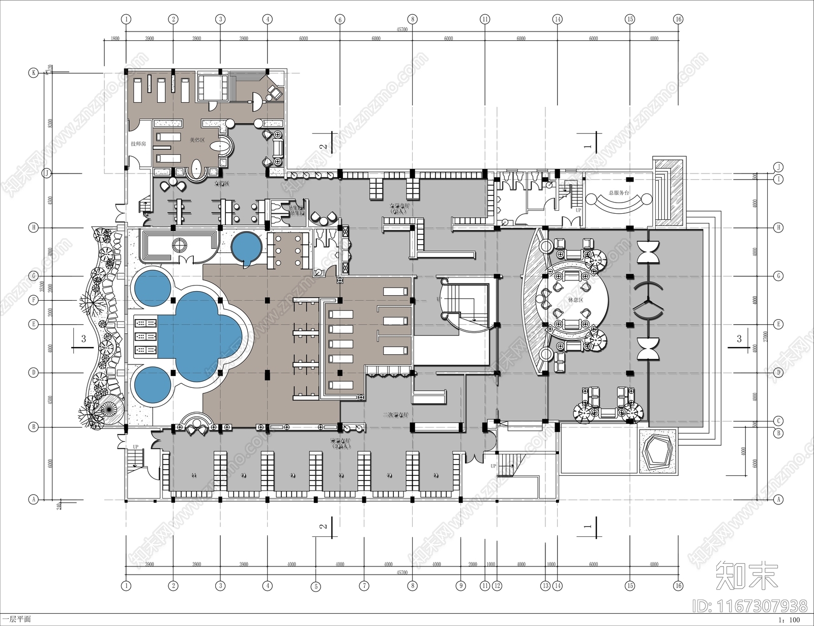 现代洗浴中心施工图下载【ID:1167307938】