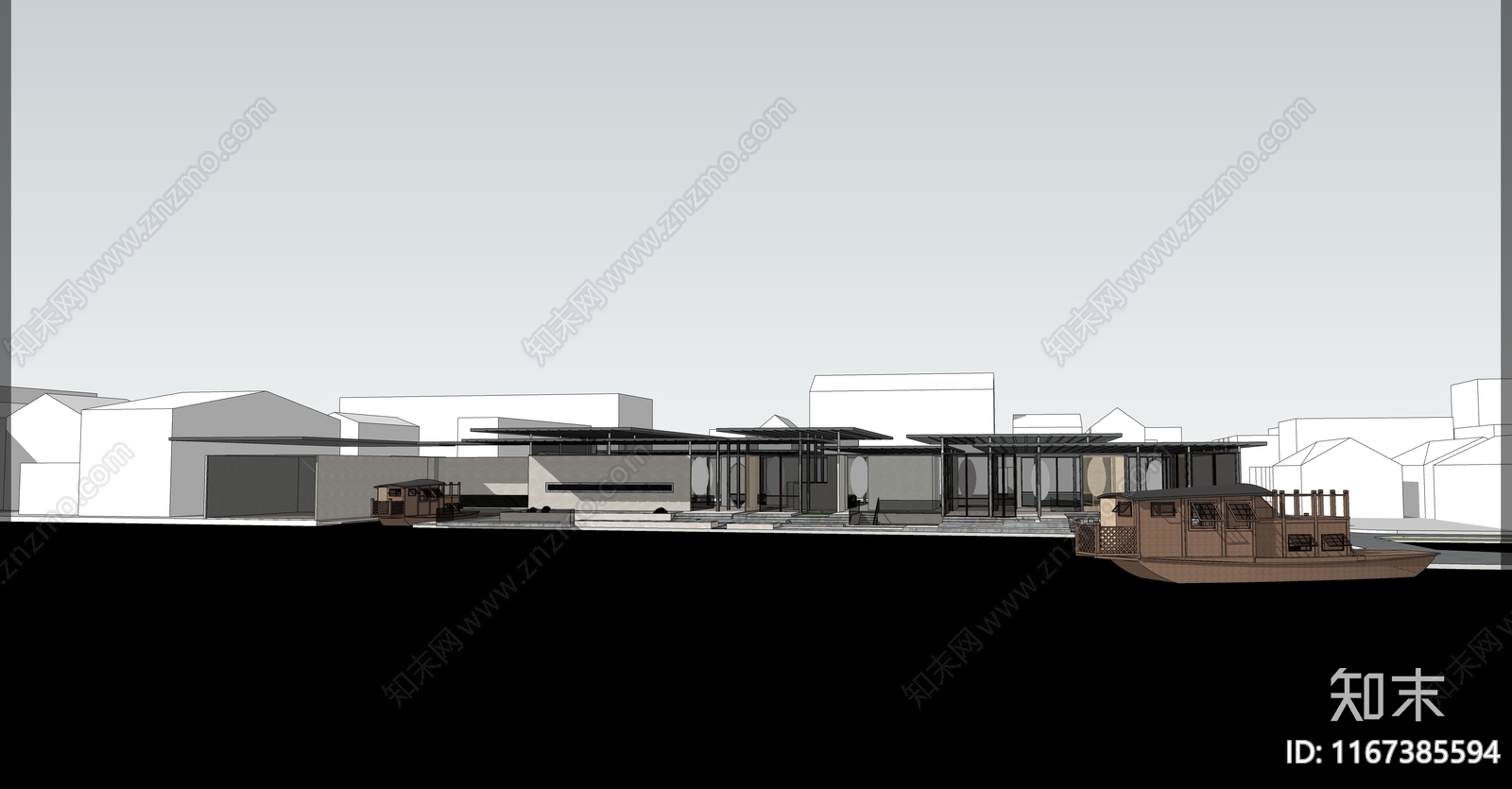 新中式滨水景观SU模型下载【ID:1167385594】