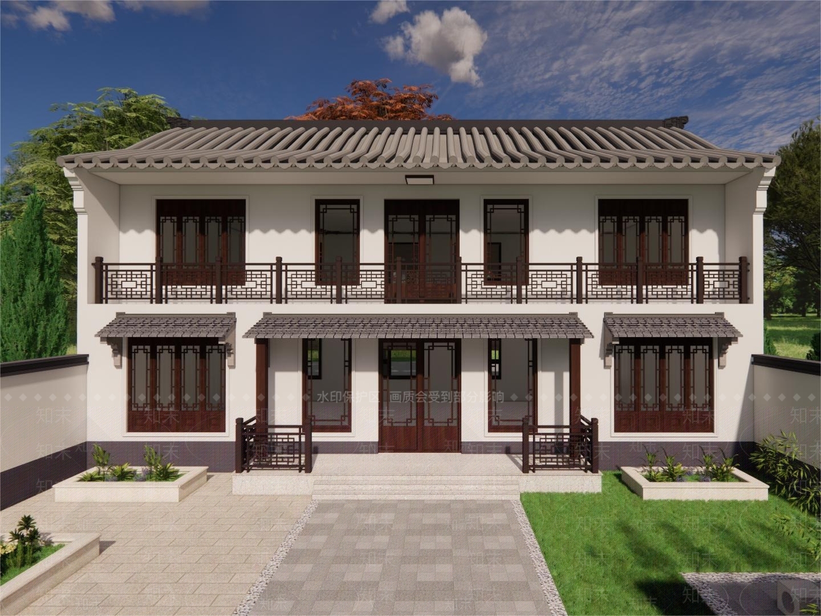 新中式现代乡村民房SU模型下载【ID:1167453554】