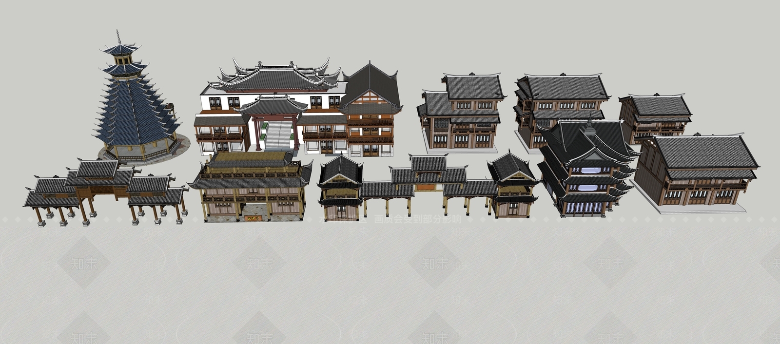 中式新中式古建筑SU模型下载【ID:1167627249】