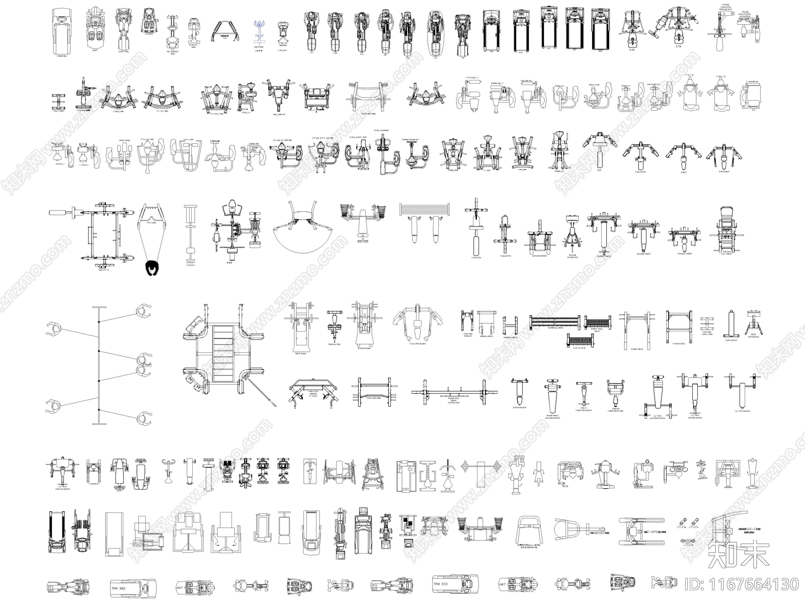 2024年最新健身运动器材器械跑步机CAD图库施工图下载【ID:1167664130】