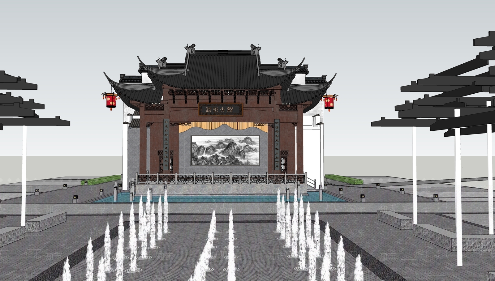 新中式现代广场景观SU模型下载【ID:1167745588】