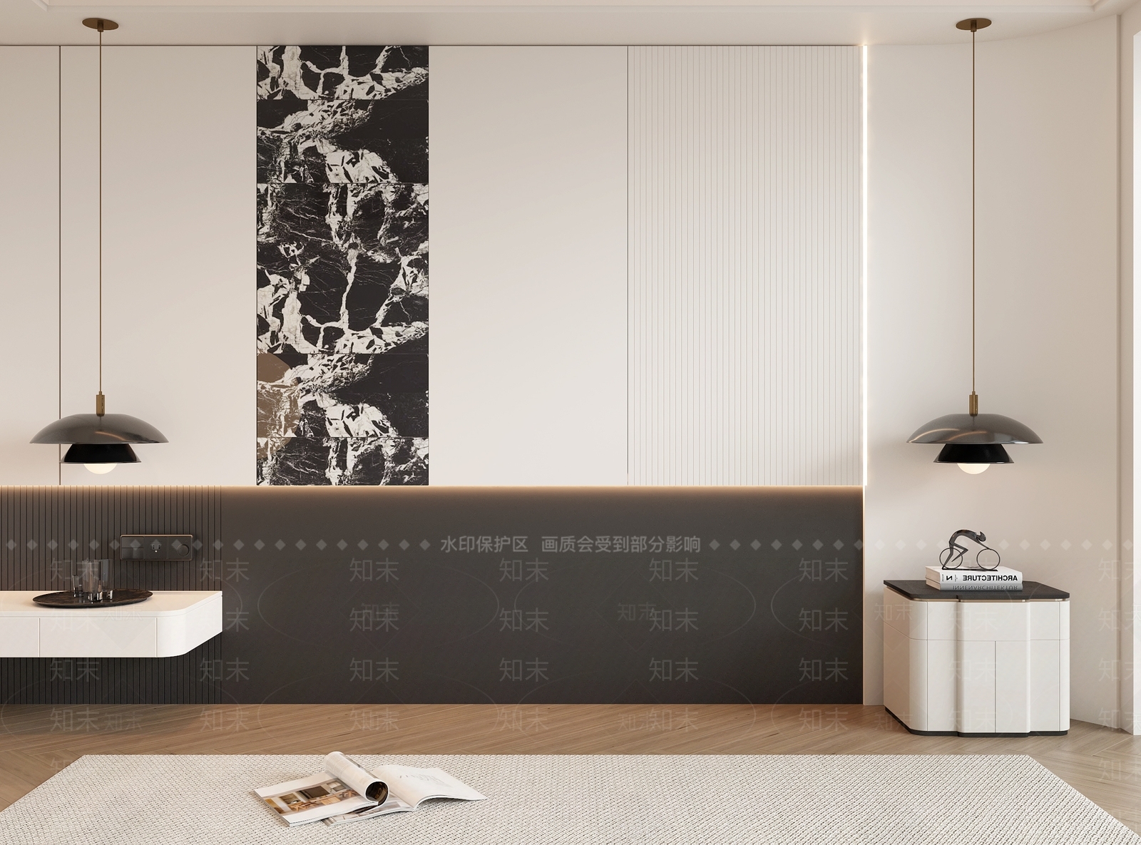现代床头背景墙3D模型渲染效果图