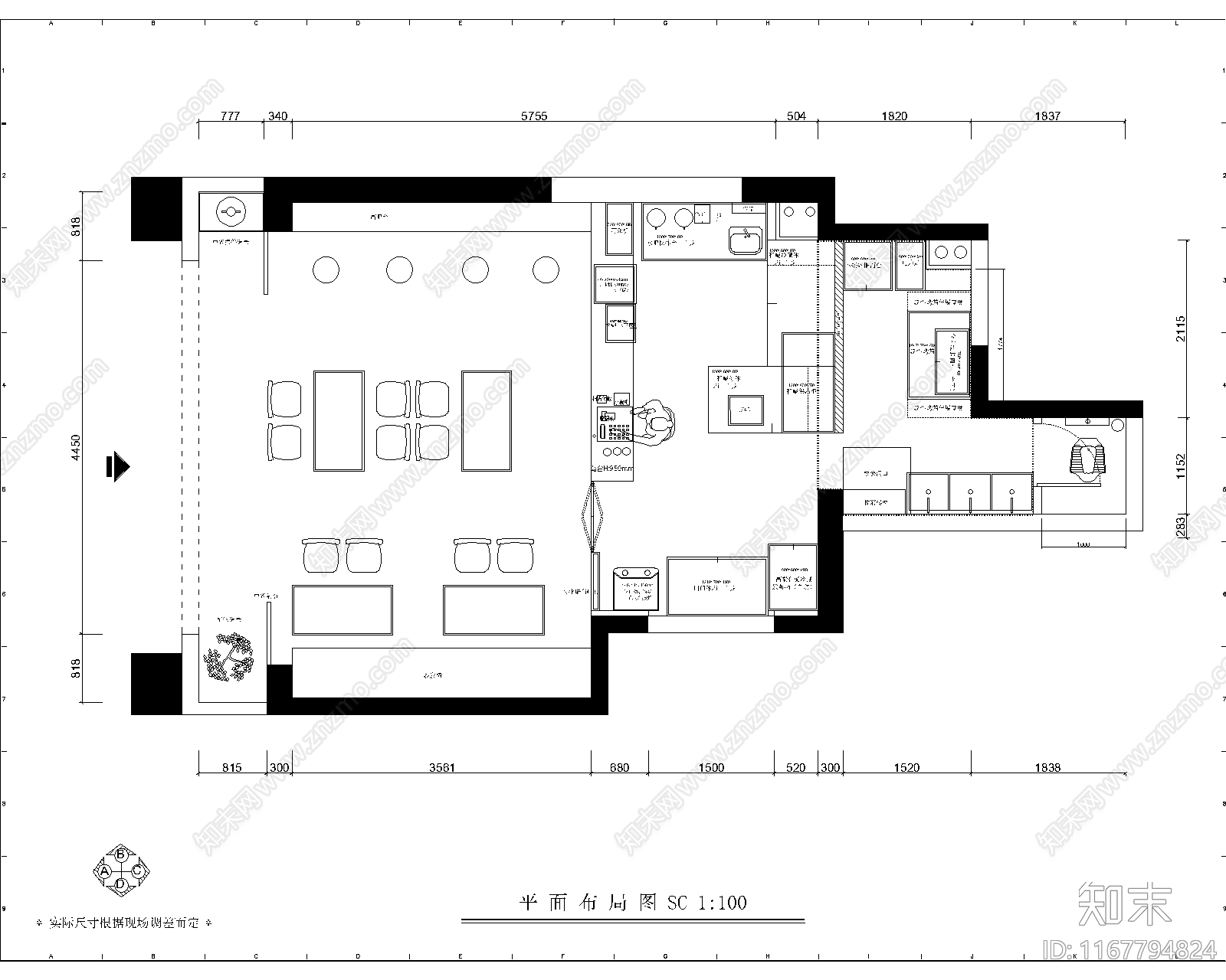 中式快餐店cad施工图下载【ID:1167794824】