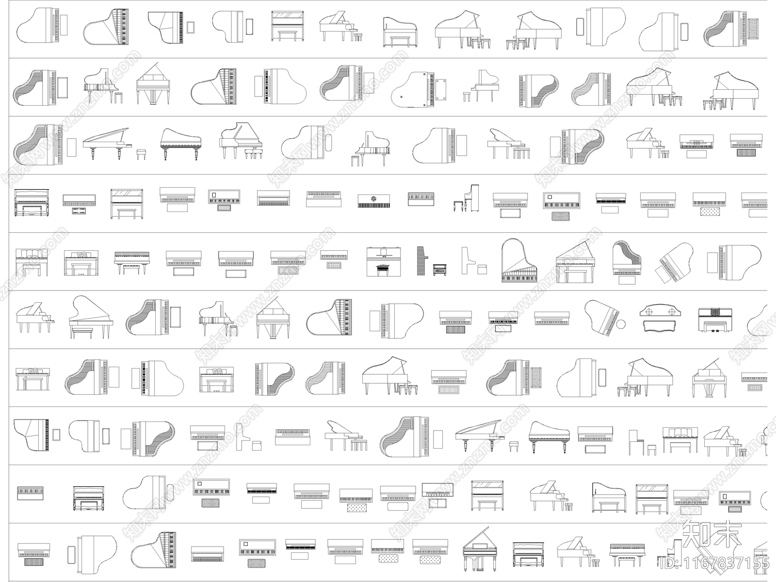 2024年最新超全钢琴乐器系列平立面CAD图库施工图下载【ID:1167837155】