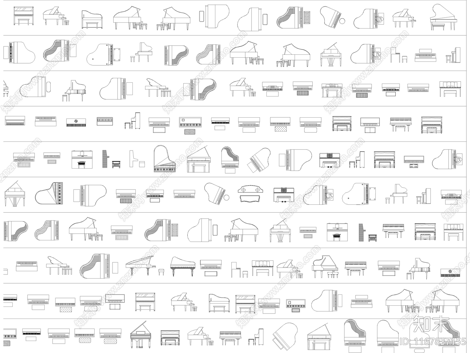 2024年最新超全钢琴乐器系列平立面CAD图库施工图下载【ID:1167837155】