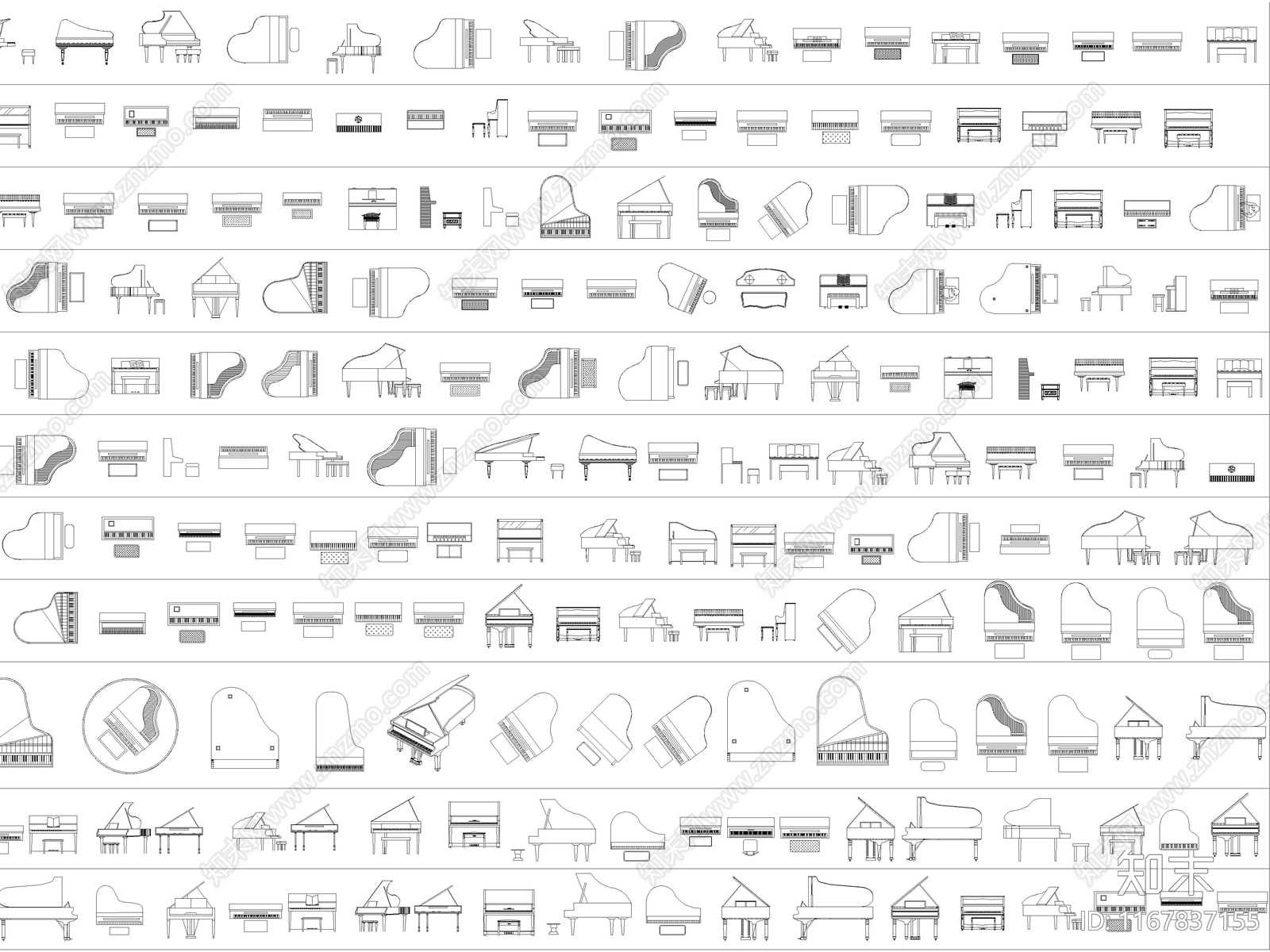 2024年最新超全钢琴乐器系列平立面CAD图库施工图下载【ID:1167837155】