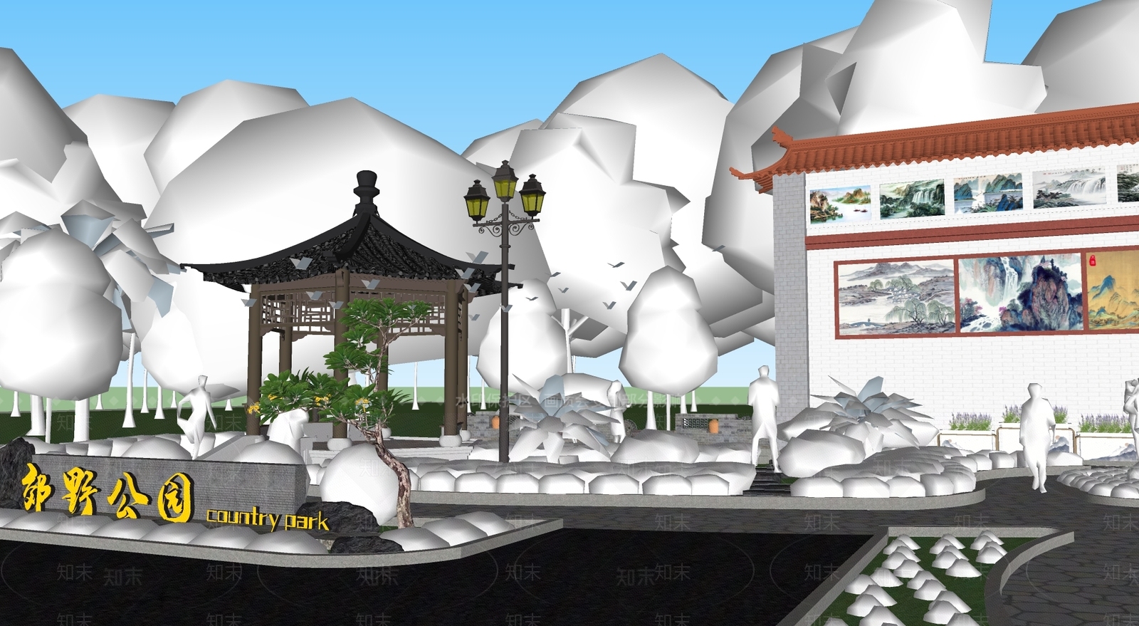 新中式中式乡村公园SU模型下载【ID:1167860183】