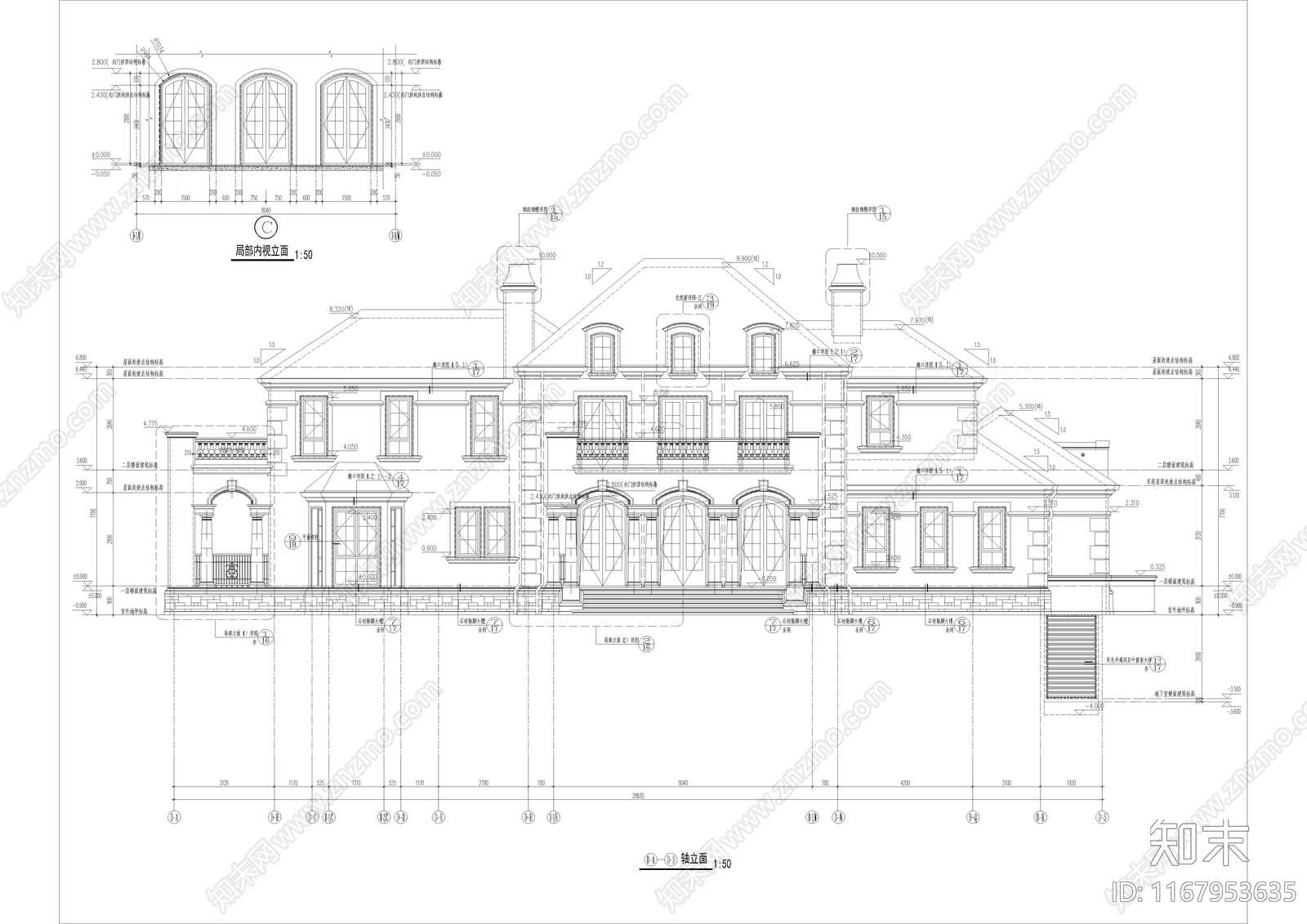 法式别墅建筑cad施工图下载【ID:1167953635】