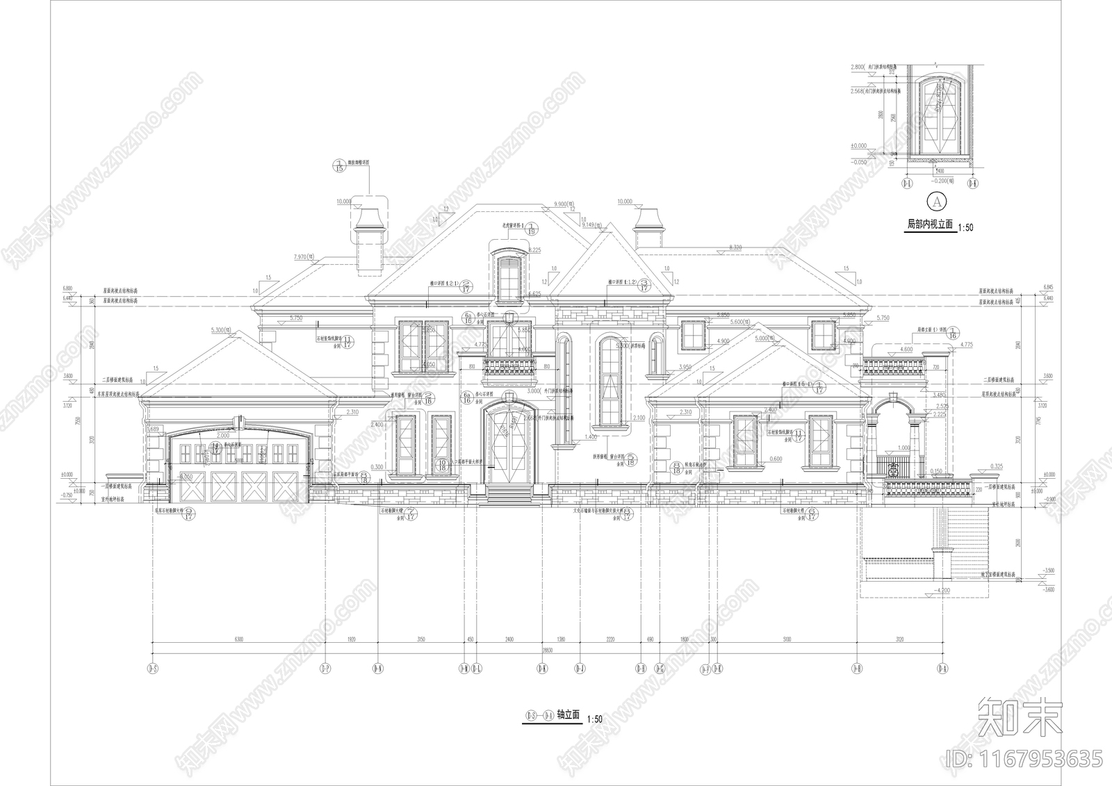 法式别墅建筑cad施工图下载【ID:1167953635】