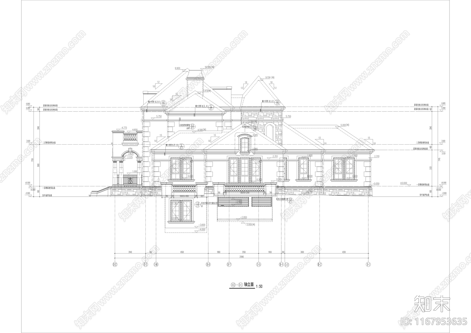 法式别墅建筑cad施工图下载【ID:1167953635】