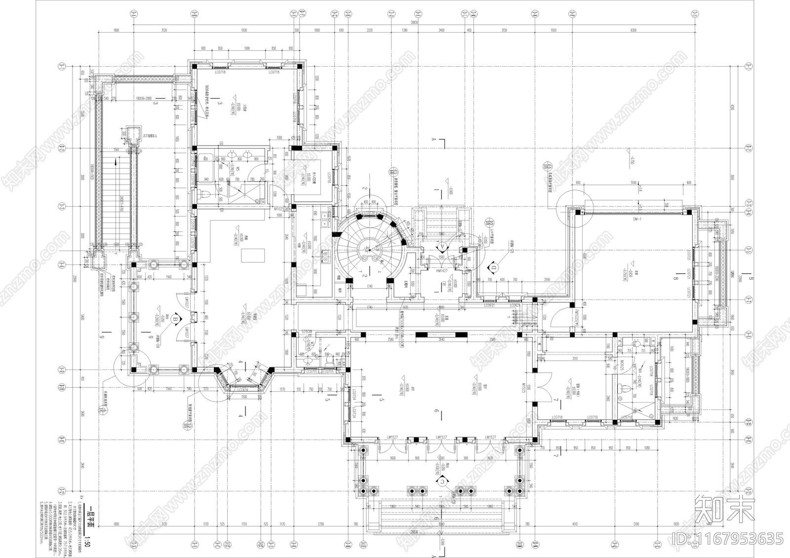 法式别墅建筑cad施工图下载【ID:1167953635】