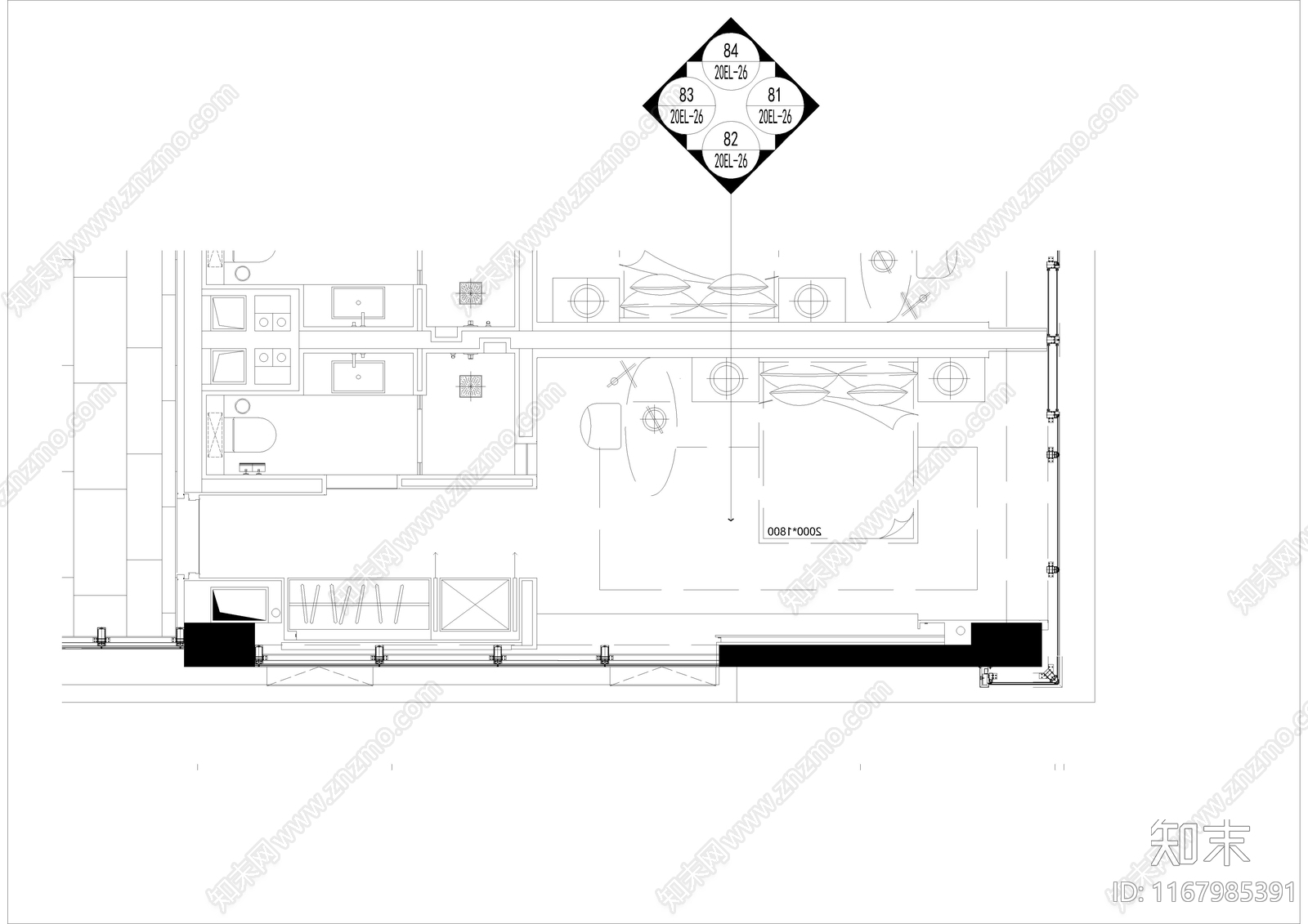 现代卧室cad施工图下载【ID:1167985391】
