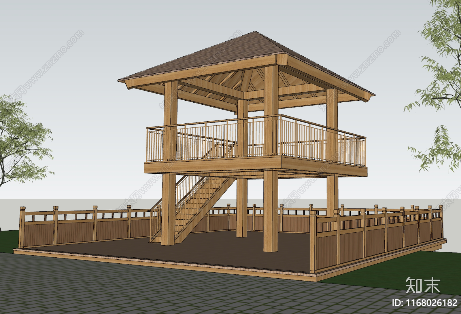 原木中式观景台SU模型下载【ID:1168026182】