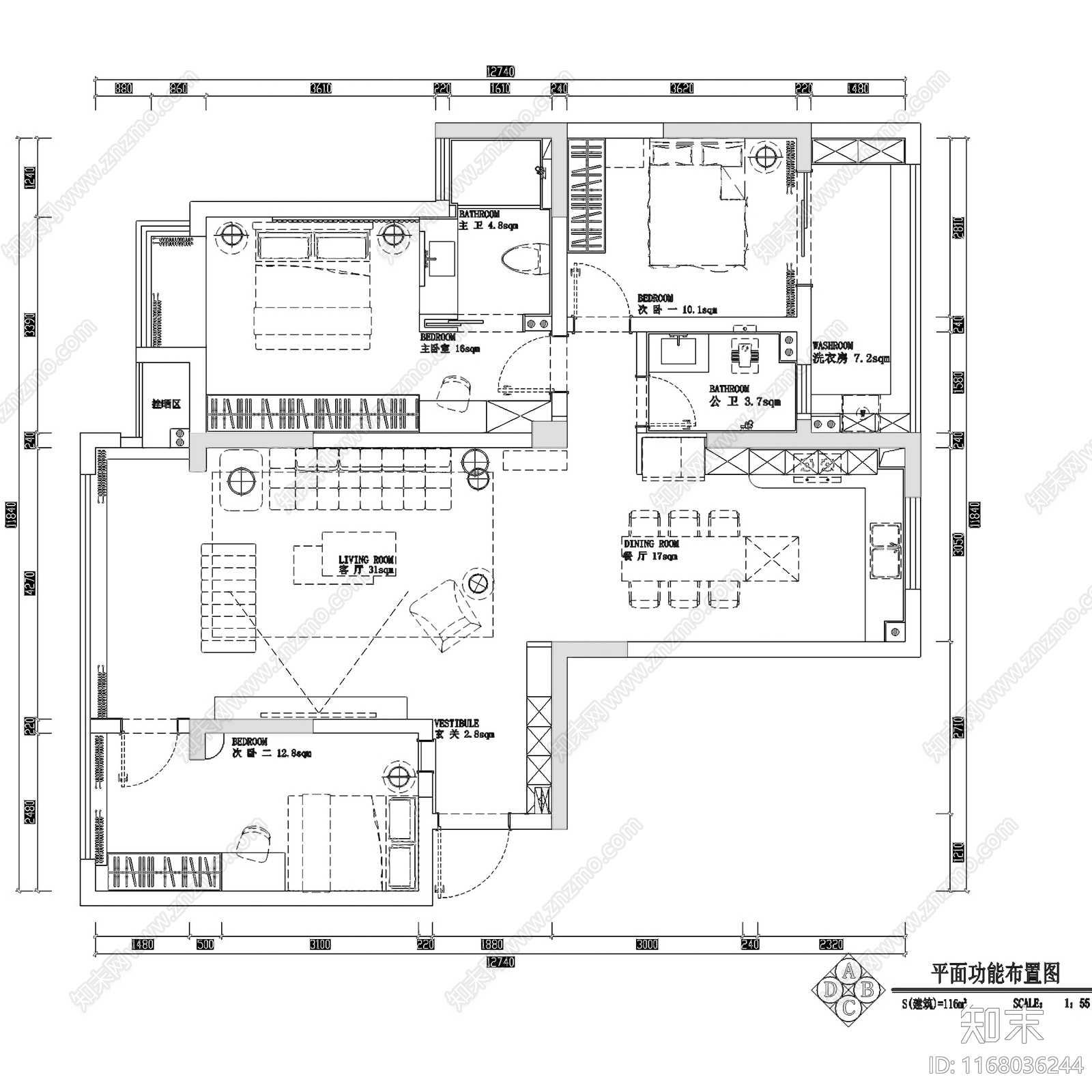 法式奶油三室两厅两卫平层室内家装cad施工图下载【ID:1168036244】