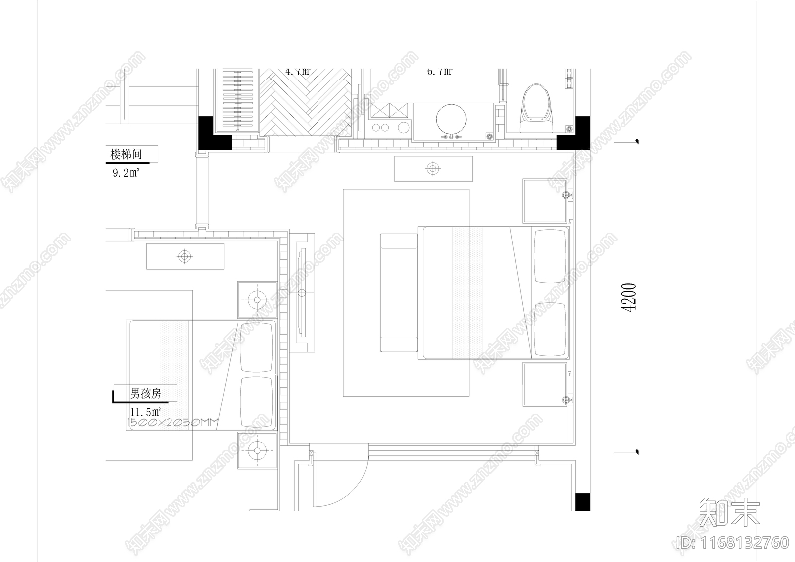 现代卧室施工图下载【ID:1168132760】