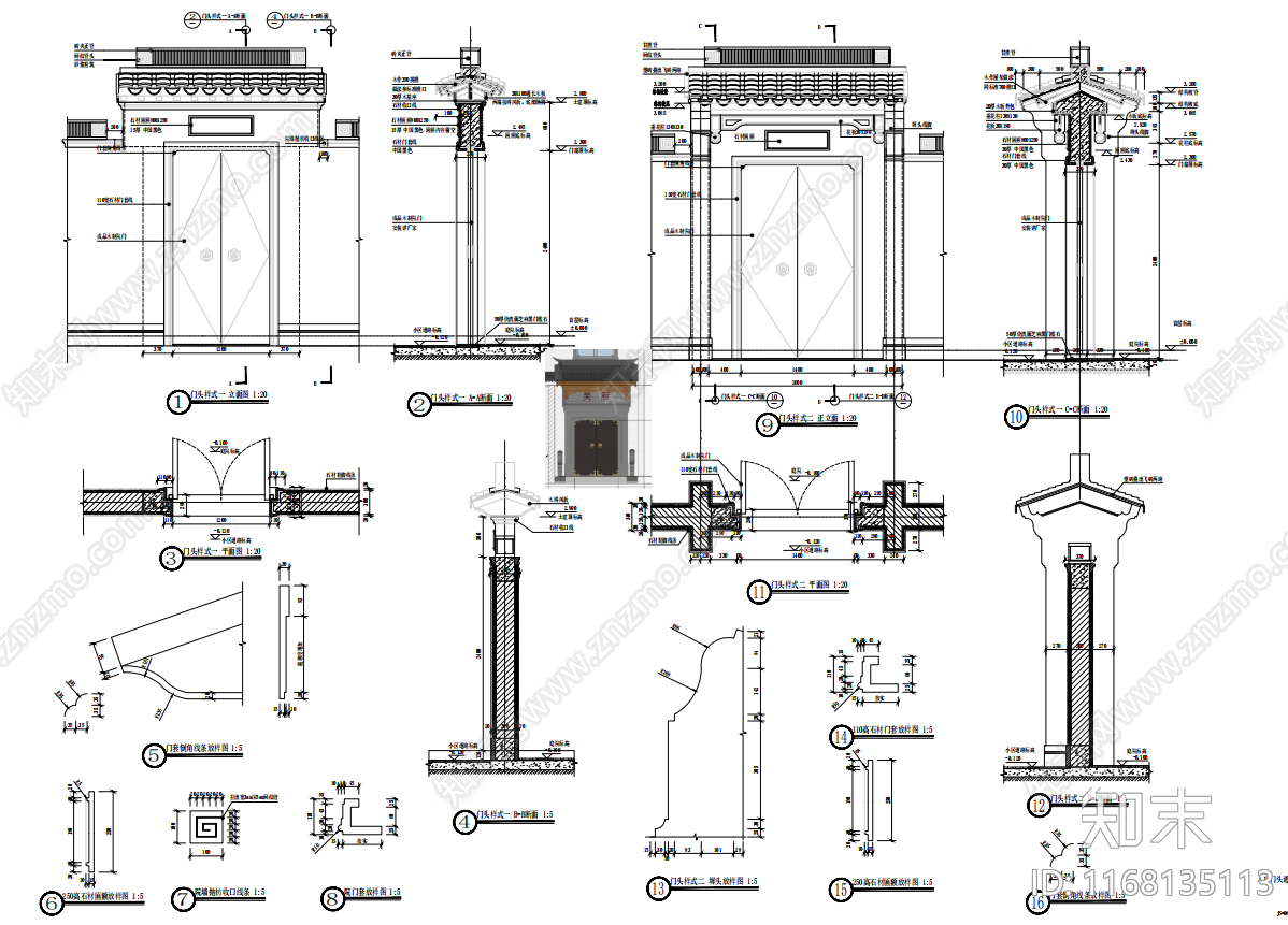 新中式中式门楼施工图下载【ID:1168135113】