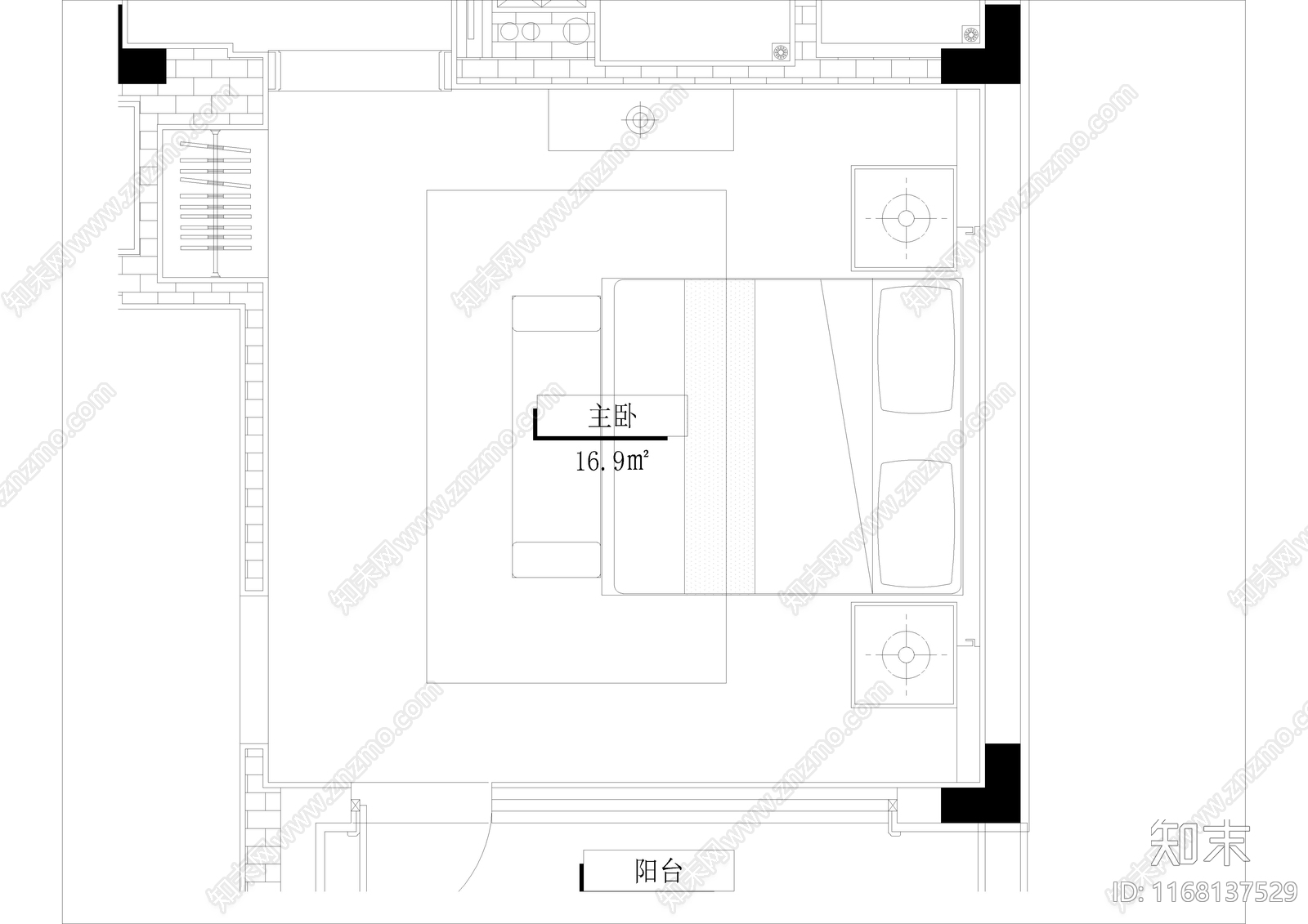 新中式卧室施工图下载【ID:1168137529】